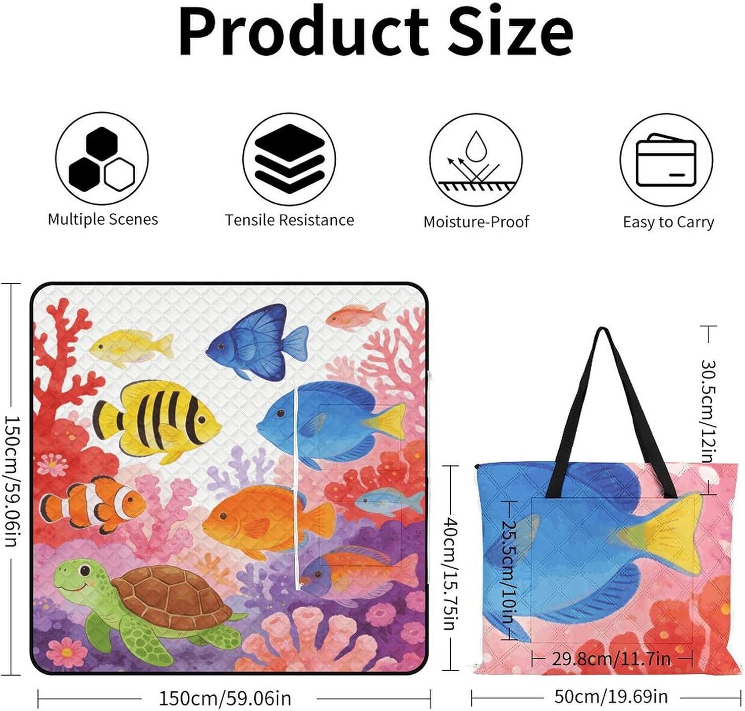 Sea Life Picnic Blanket with Zipper Water Resistant Sand Free Picnic Mat Washable Foldable Easy Carry Beach Blanket for Lawn Beach Hiking Camping