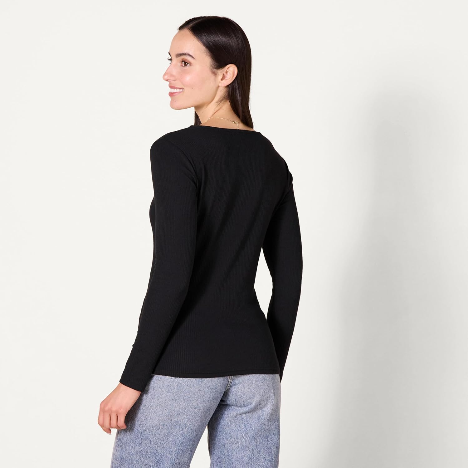 Amazon Essentials Women's Slim Fit Cinched V-Neck Long Sleeve Rib-Knit T-Shirt, Pack of 2
