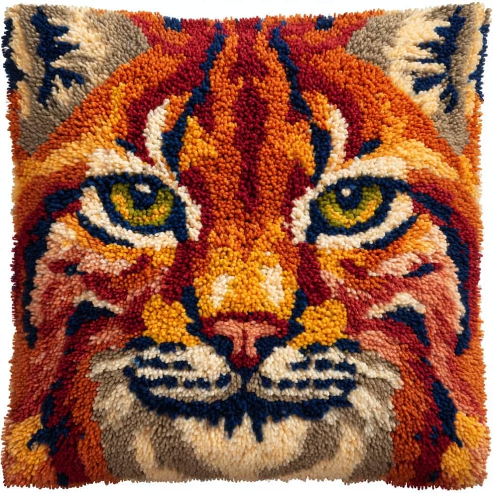 Taxpy DIY Latch Hook Pillow Kit Pre-Printed Hook and Latch Rug Kits Lynx 17X17 Inch.Cross-Stitch Embroidery Cushion Cover for Home Sofa Decoration