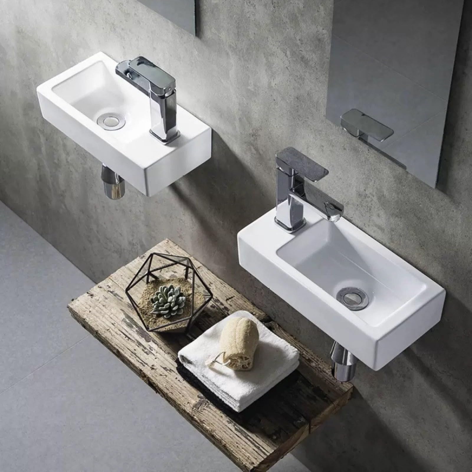 Lavabo pequeño de baño de cerámica blanca, lavamanos flotante de 36x18 cm para colgar en pared