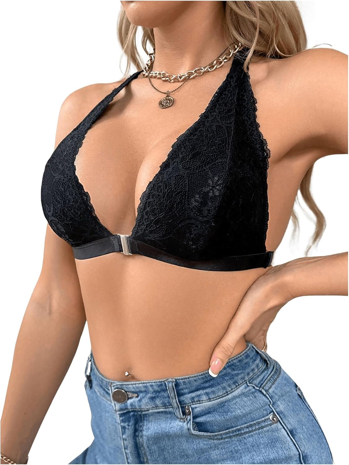 SHENHE Women's Halter Neck Lace Plunge Bralette Front Closure Unpadded Wireless Bra