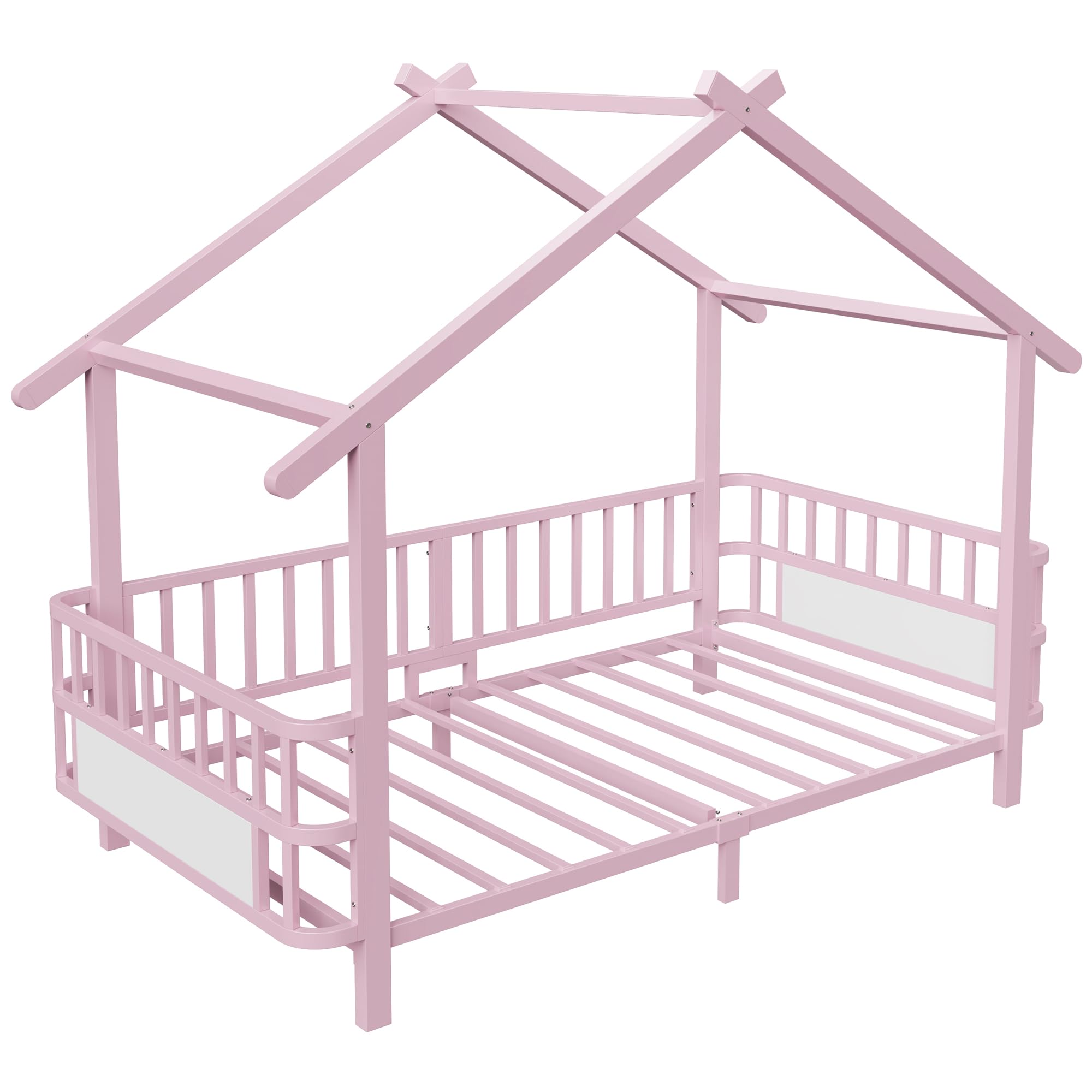 Merax Kinderbett aus Metall in Hausform 90x200 cm mit Sicherheitsgitter & Dachdesign – Rosa (Ohne Matratze)