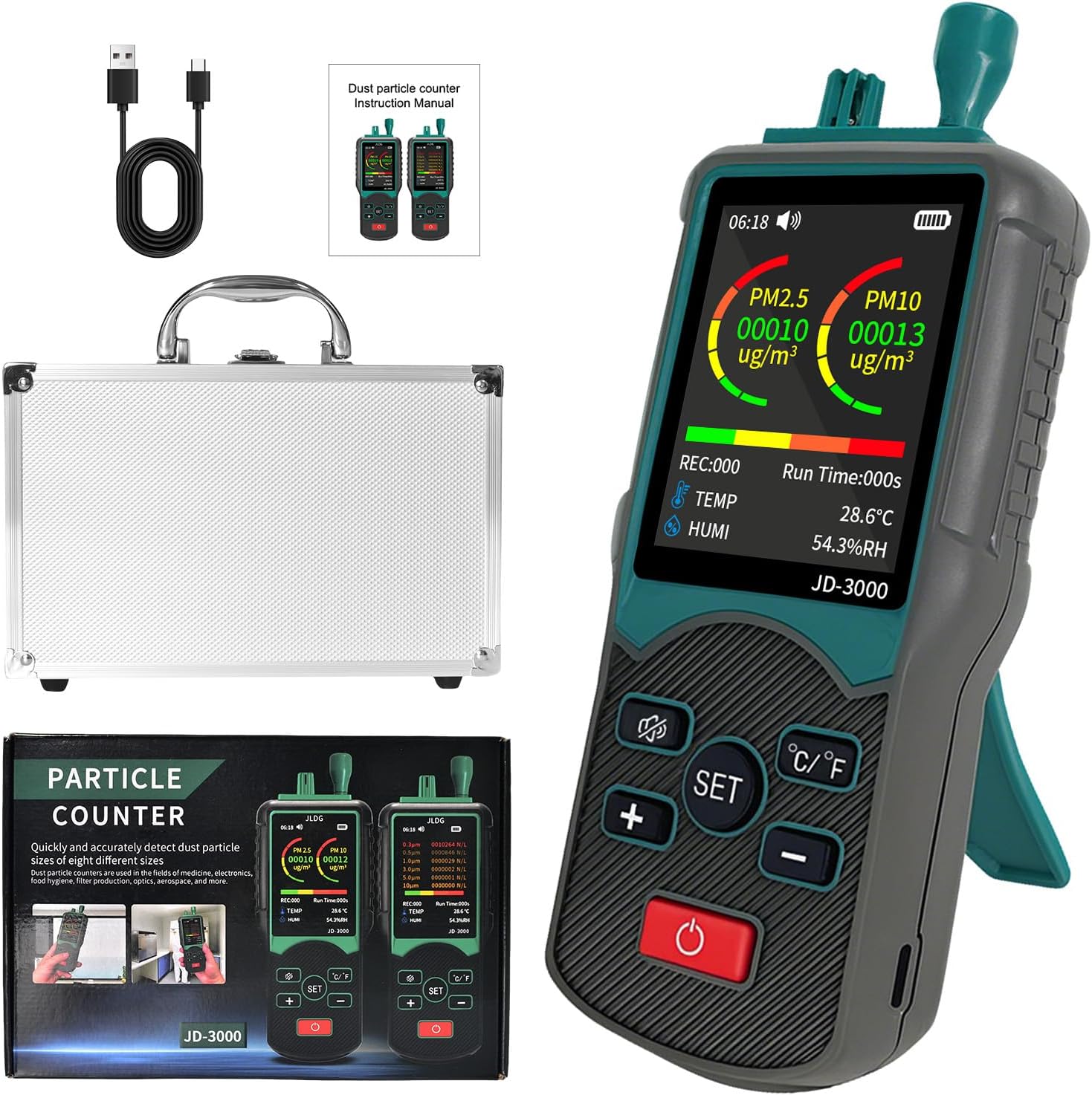 Dust Particle Detector, High Sensitivity 6-Channel PM0.3/0.5/1.0/3.0/5.0/10 µm Particulate Monitor PM2.5, PM10 Transfer/Storge Air Quality Pollution Monitor-JD3000