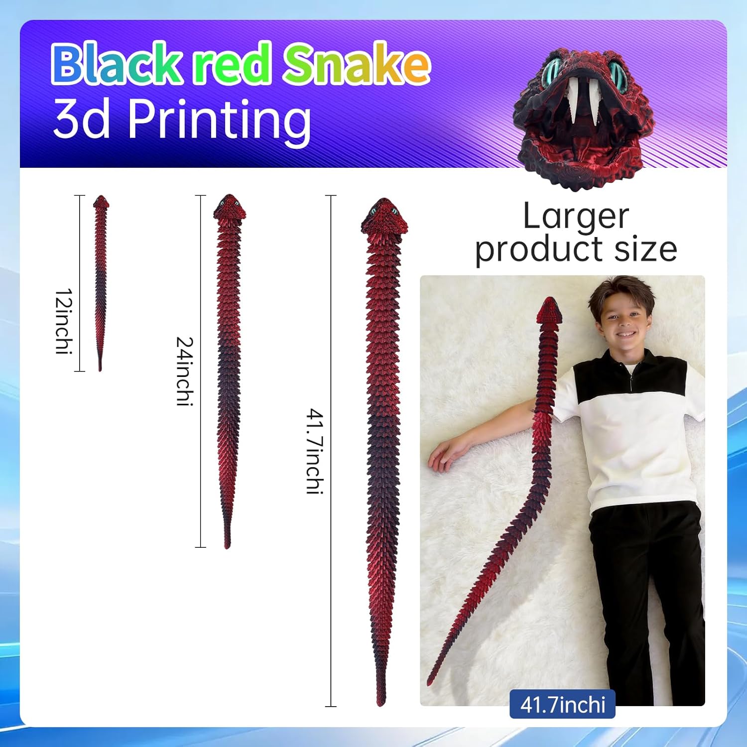 41.7in Giant 3D Printed Snake Realistic Large Toy Snake Figurine, Flexible Snake Model with Noctilucent Movable Teeth for Large 3D Printed Animals Collectors, Stress Relief Fidget Toy (Black Red)