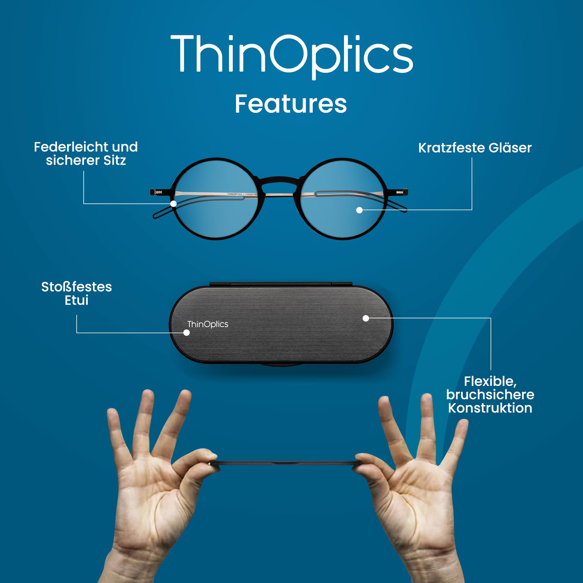 ThinOptics Manhattan Lesebrille, rund, Unisex, Herren und Damen, ultradünn, kompakt und leicht – inkl. magnetischem Etui Milano | Ultraleichte Lesehilfe ohne Bügel im flachen Etui, das am Handy haftet, für unterwegs, im Taschenformat, kratzfeste Linsen