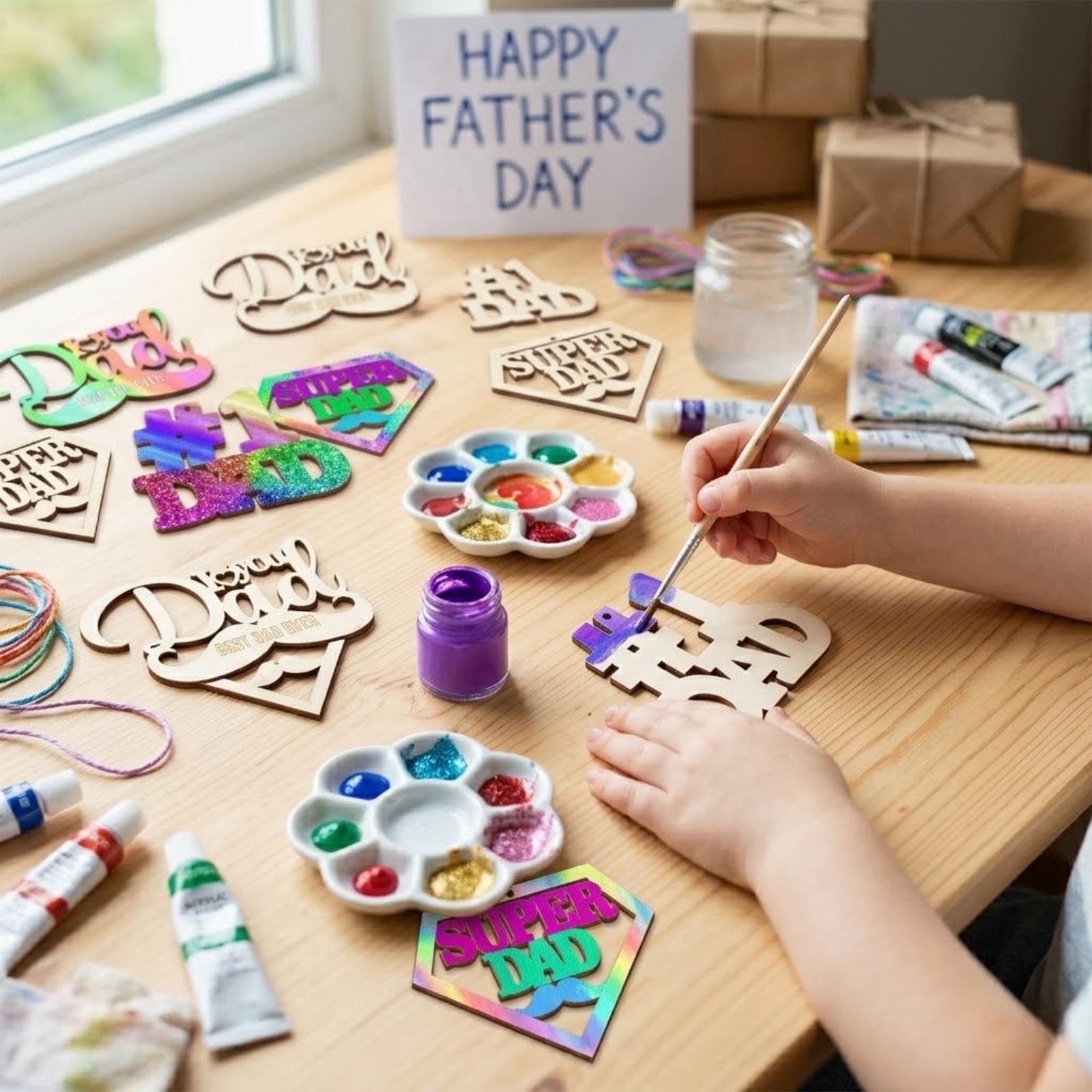 12 Pcs Happy Fathers Day Crafts for Kids- Father's Day Unfinished Wooden Crafts,Wooden Dad Ornaments Hanging Party Decorations,DIY Activities School Home Classroom for Father's Day Crafts Gift - Image 4