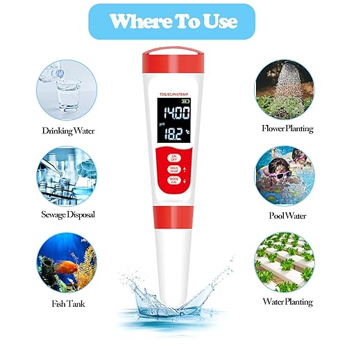 Miniatura 6 de Suyaequt - Medidor de pH digital 4 en 1 PH EC TDS para hidroponía de agua, probador de precisión de pH 0.01 para beber en el hogar, piscina y acuario