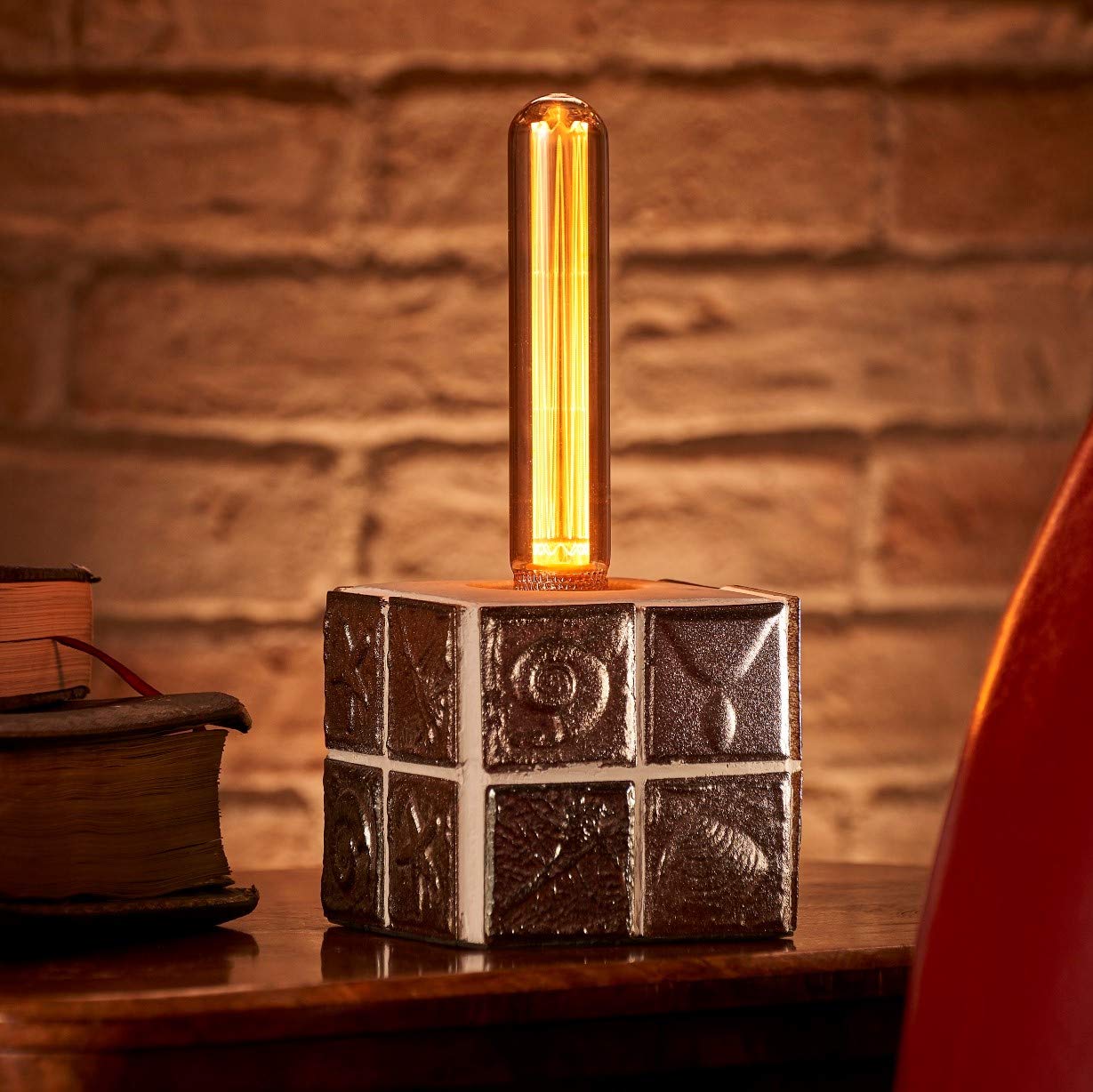 Auraglow Metallic Mysa Modern Contemporary Fossil And Sea Shell Effect Stone Cement Cube Bedside Desk Table Lamp/Light - With T30 Led Bulb