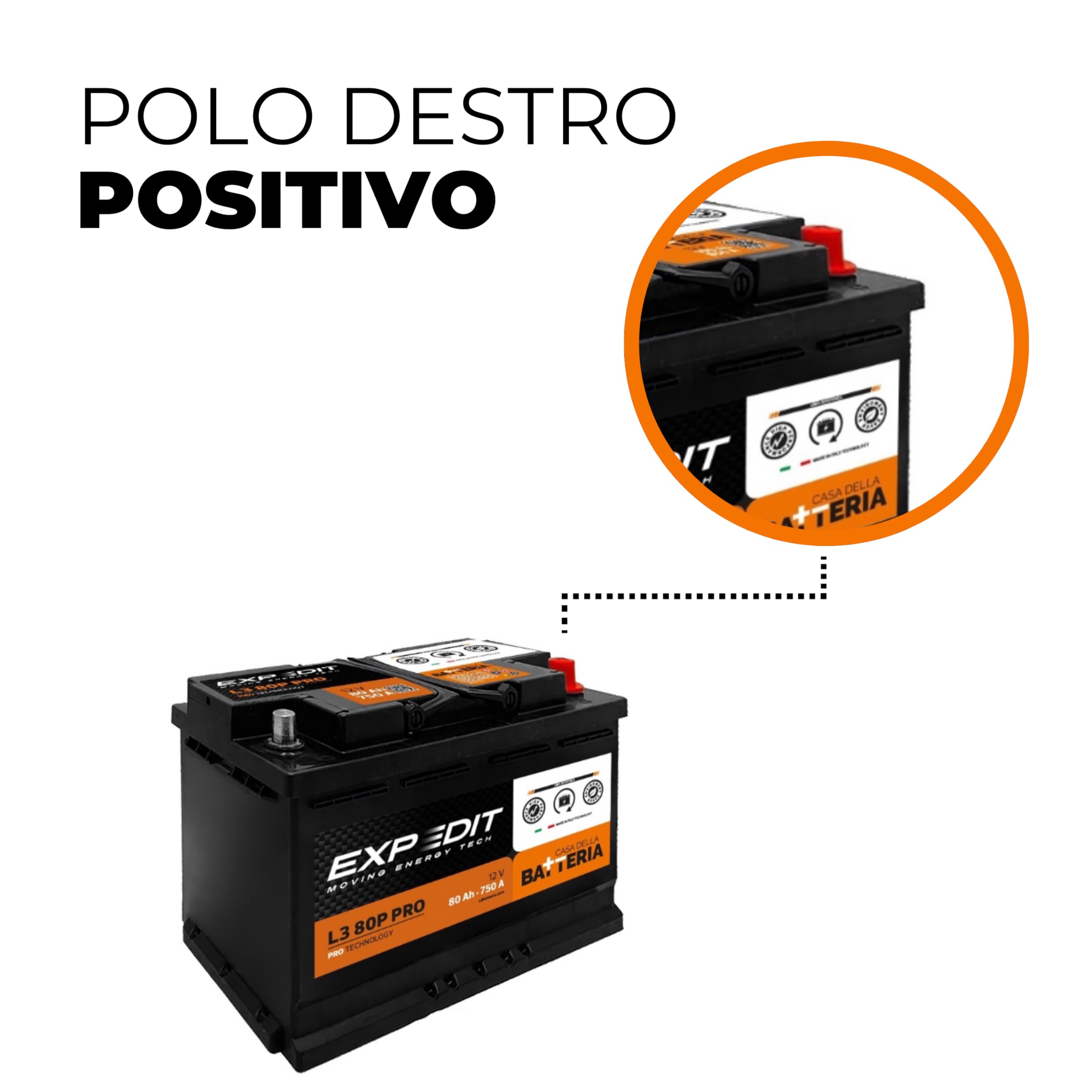 La Casa della Batteria Batteria Auto Expedit Moving Energy Tech Batteria 12v Batteria Auto 80Ah 750A PRO+50% POTENZA L3 80P DX 27.8×17.5×19 cm Senza Manutenzione Pronta all'Uso Made in Italy