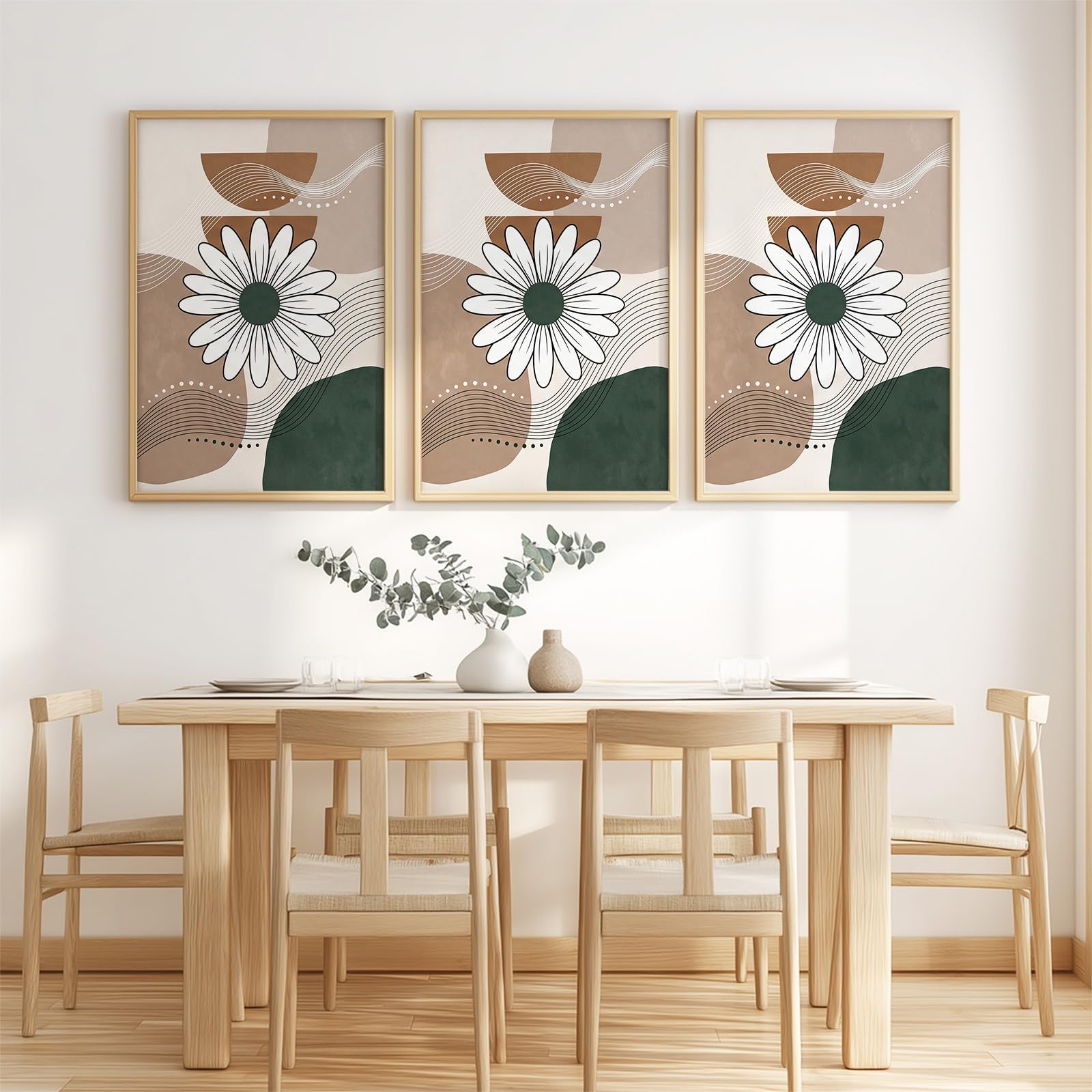Generisch 3-teiliges Wandbild Leinwand Set 50 x 70 cm, Ohne Rahmen Triptychon Ästhetische Kunstdrucke Boho Minimalistisch für Wohnzimmer & Schlafzimmer, Linie Farbblock Gänseblümchen Ruhig Erdton