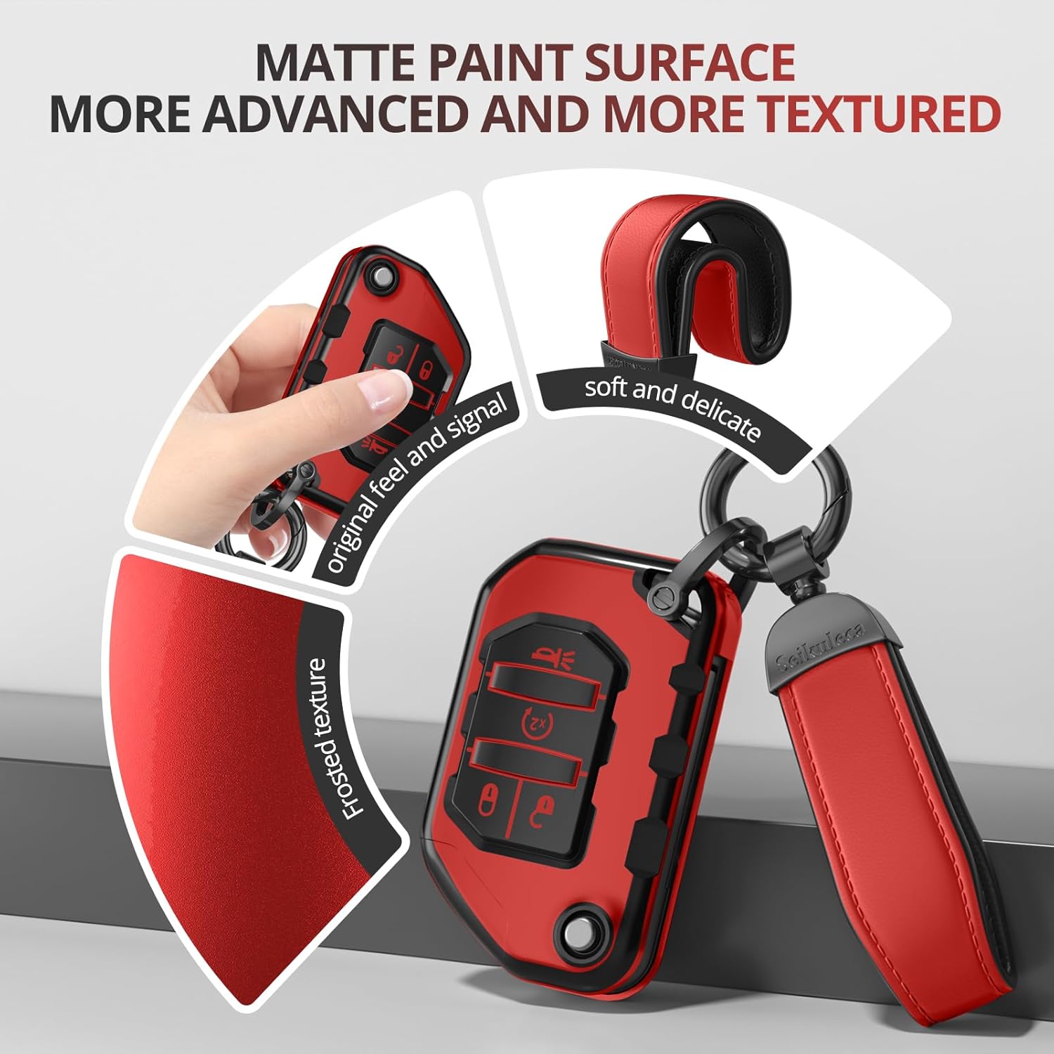 For Jeep Key Fob Cover Accessories- Matte TPU Key Fob Cover with Leather Keychain for Jeep Wrangler JL JLU Rubicon Gladiator Sahara. - Image 4