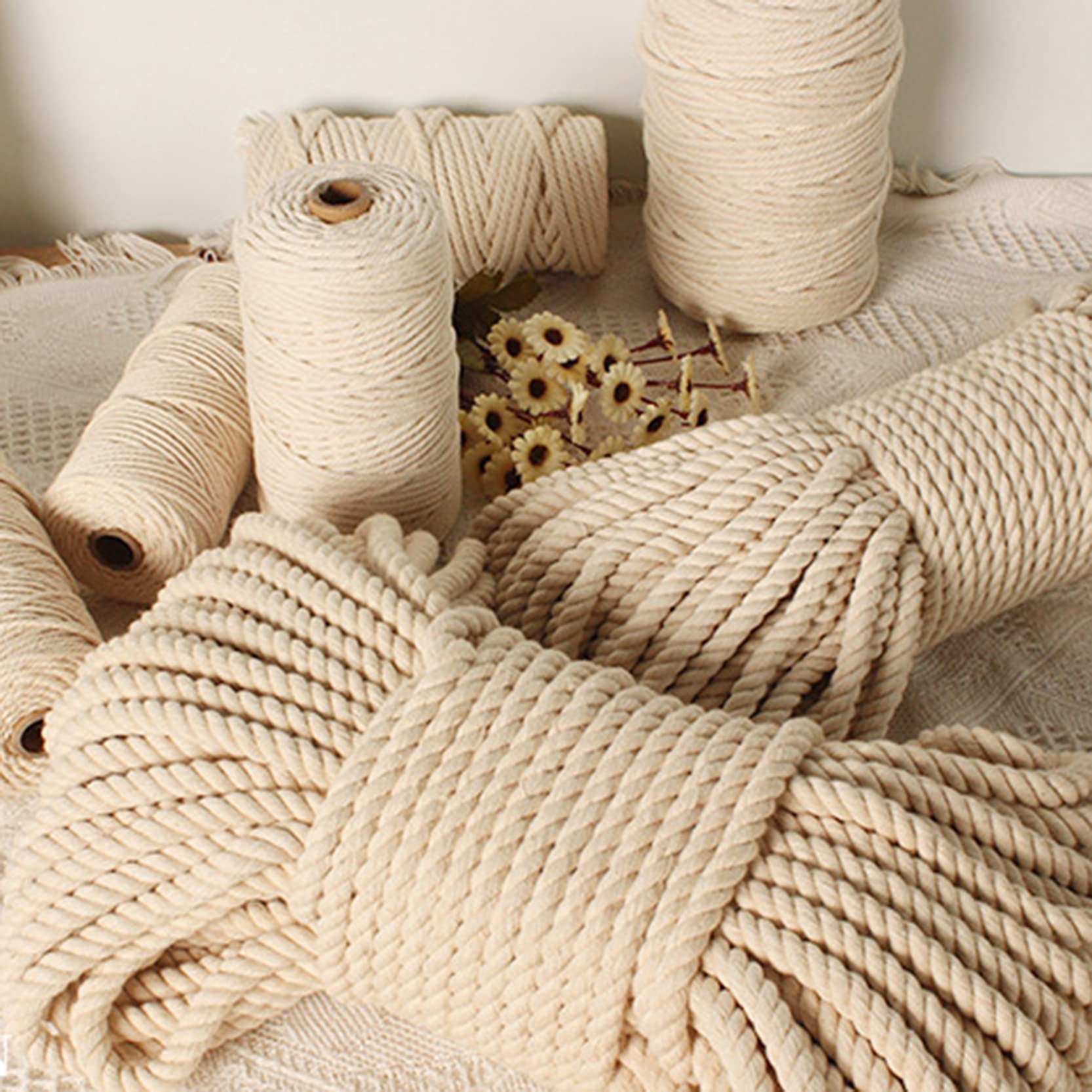 ZNKZJ Cordón de macramé de algodón 2 Piezas,Cuerda de macramé Cordón de algodón Trenzado Fuerte Suave 200m / 500m / 1000m,para Colgar en la Pared de macramé Hecho a Mano,Beige-5mm_500m