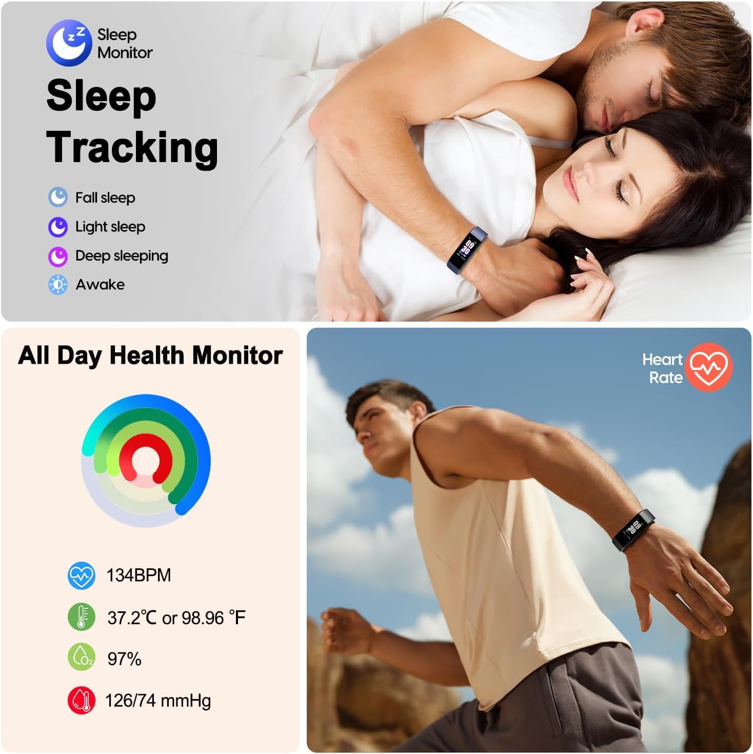 Septoui Smart Band Fitness Orologio Contapassi Frequenza Cardiaca, SpO2, Pressione Sanguigna, Sonno Calorie Activity Tracker Impermeabile IP68, 16 modalità Sportive Smartwatch Donna Uomo Bambini