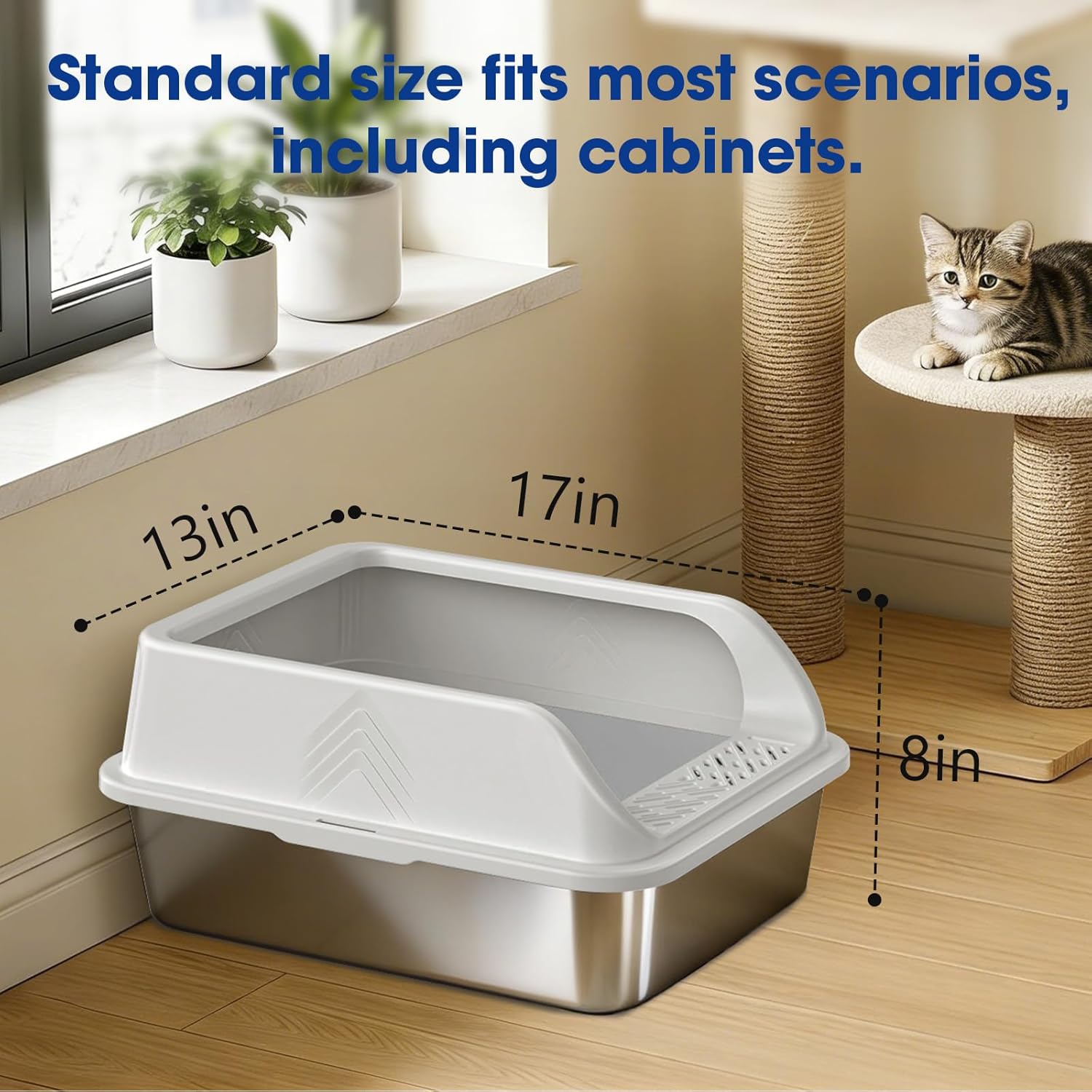 Stainless Steel Litter Box with Lid, Kitten Metal Cat Litter Boxes High Sided Enclosed for Small Cat and Injured Cats Rabbit, Anti-Urine Leakage | Non-Stick Bottom & Includes Scoop