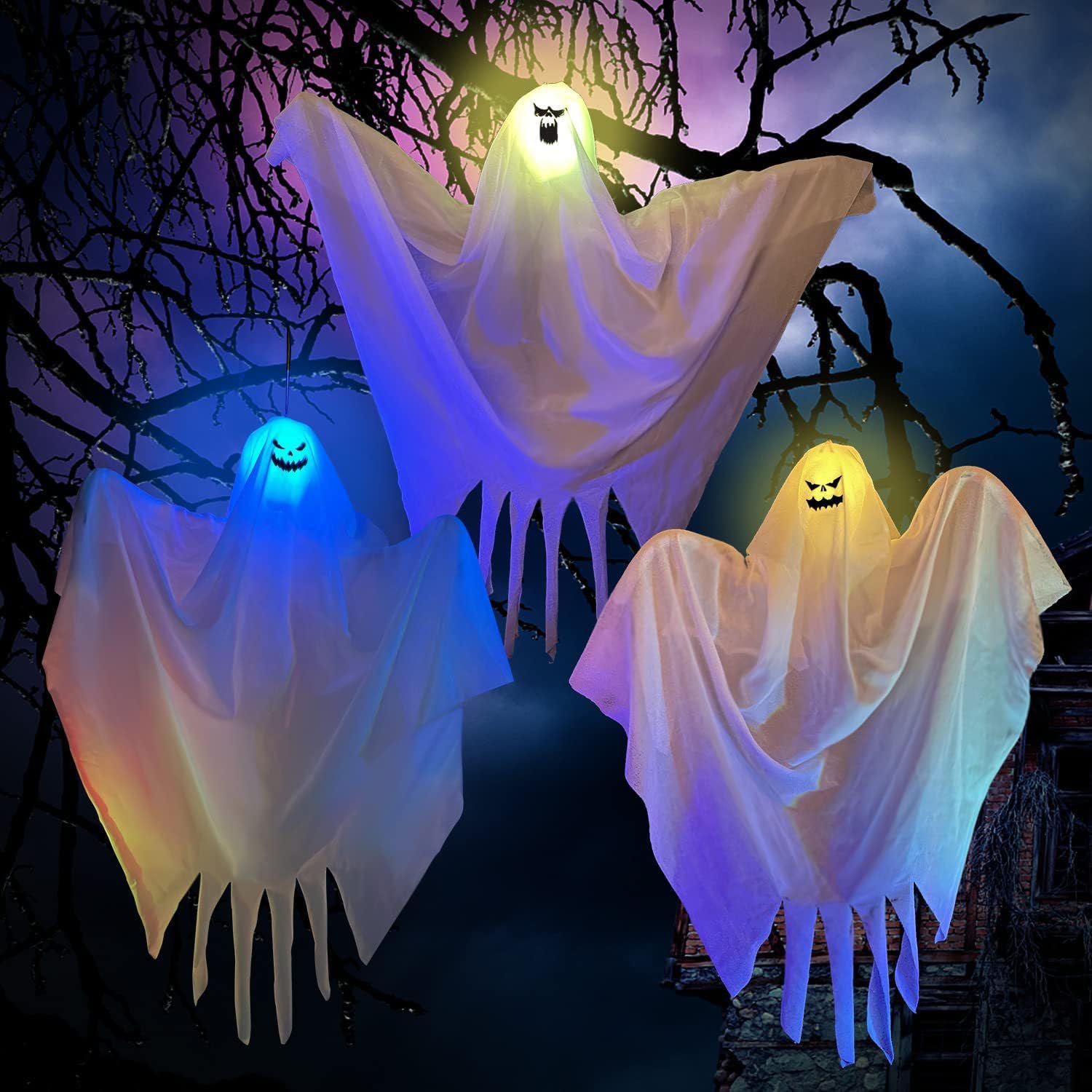 Lot de 2 Décorations D'Halloween Fantôme à Suspendre avec Lumière LED 17/35 Pouces Fantômes à Suspendre avec Visage Souriant, Accessoires Effrayants D'Halloween Décorations de Fête(#1