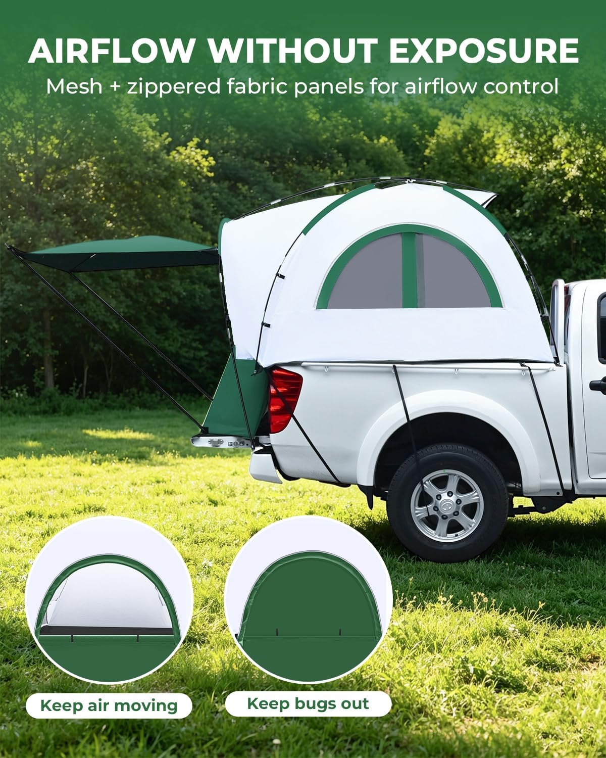 Pickup Truck Tent with Awning & Rainfly Shade, Waterproof PU3000mm Pickup Truck Tent for Camping Bed, Spacious for 2 Person, Fit 5.5-6ft Truck Bed, Green
