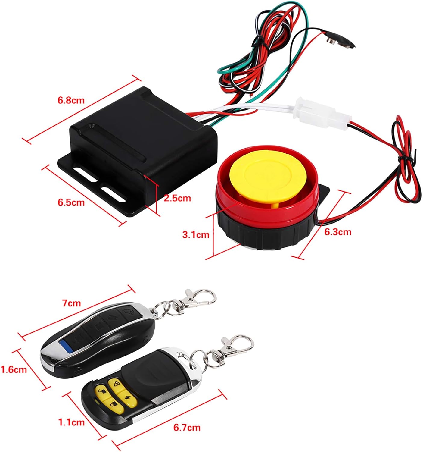 Dimensions of the Ejoyous Motorcycle Anti-Theft Alarm System components.