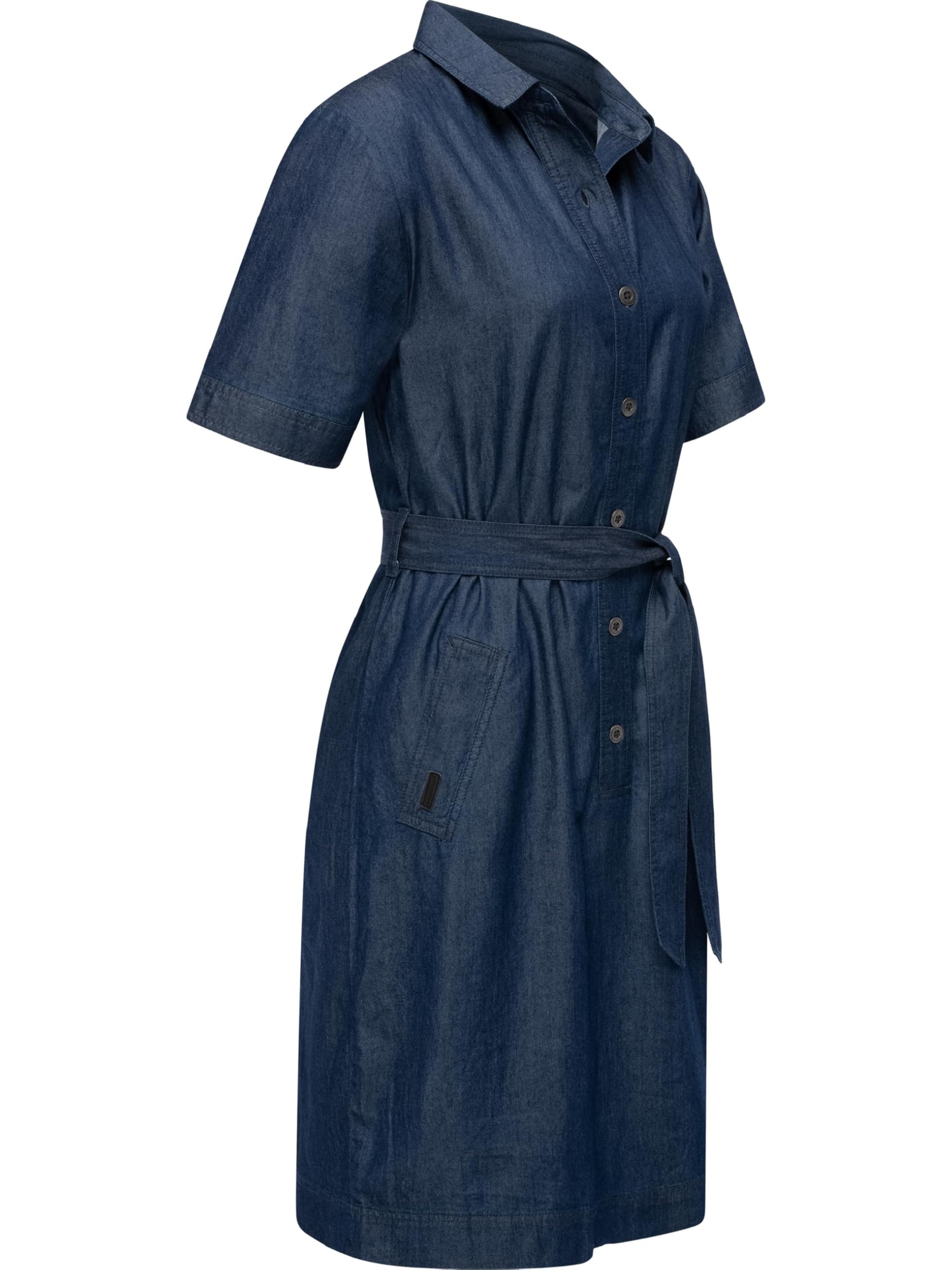 Ragwear Damen Sommerkleid Kurzarm Midikleid in Denim-Optik mit Haifisch-Kragen und Taillenband Rozyna Denim YOUMODO XS-3XL