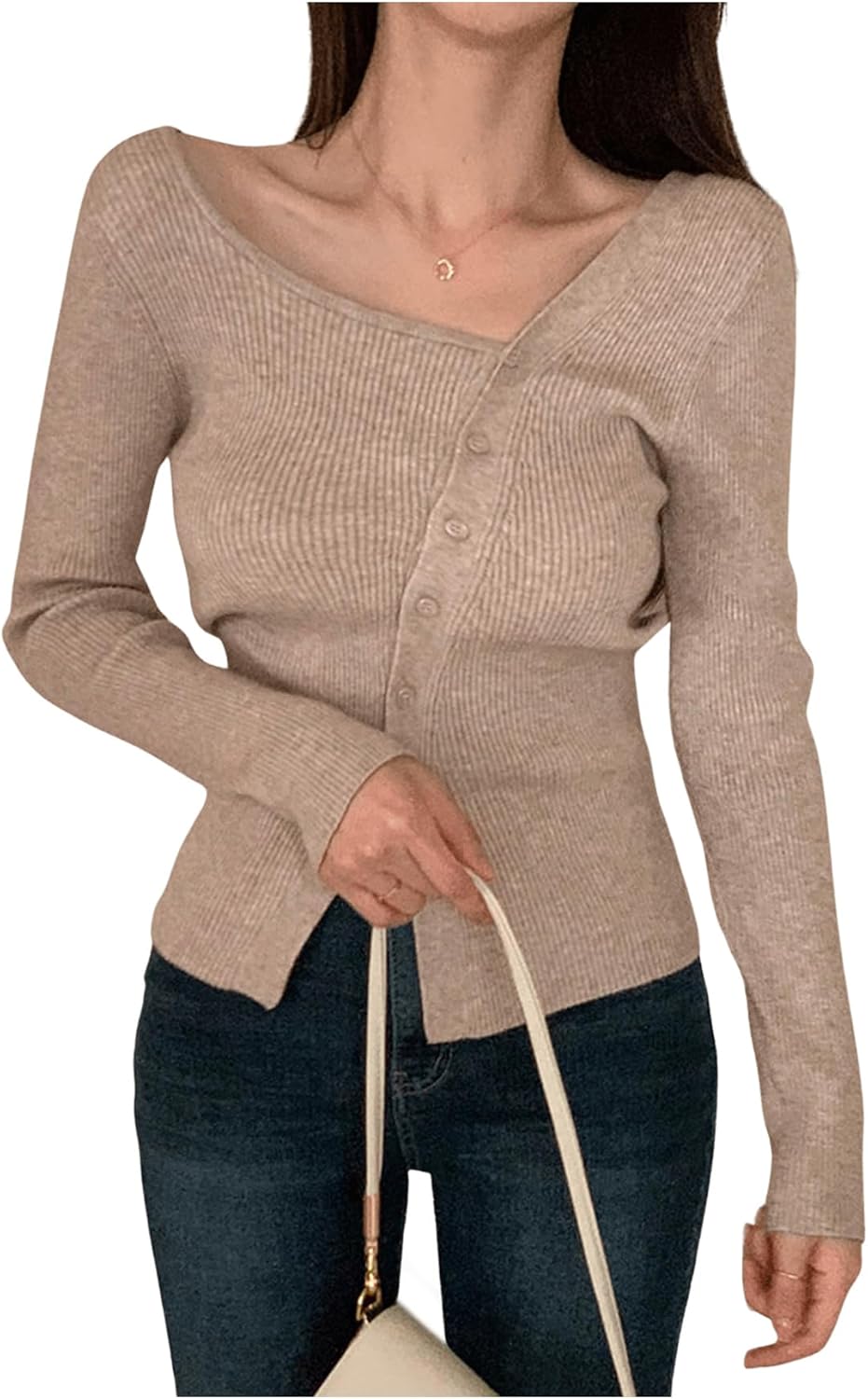 GORGLITTER Women's Off The Shoulder Sweater Cozy Fall Fashion 2025 Button Up Lightweight Trendy Long Sleeve Sweaters - Image 3