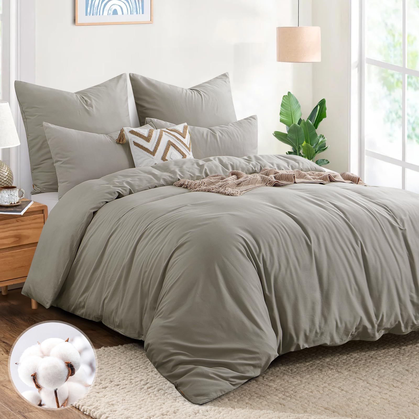 Aisbo Bettwäsche 200x220 Baumwolle Taupe - Bettwäsche-Sets Bettbezug 200x220 3teilig mit 2 Kissenbezüge 80x80 cm, Baumwollbettwäsche Set, Oeko-TEX Bettwäsche Taupe mit Reißverschluss