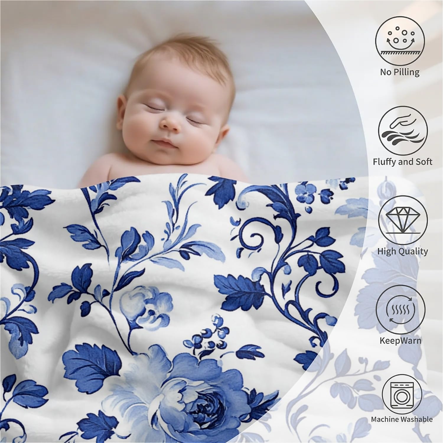 Blue and White Roses Floral Pattern Chinoiserie Throw Blankets Fleece Blanket Super Soft Plush Large Throw Blanket Cozy Fuzzy Bed Blankets Microfiber Flannel Blankets for Couch, Bed, Sofa-50X60in - Image 7