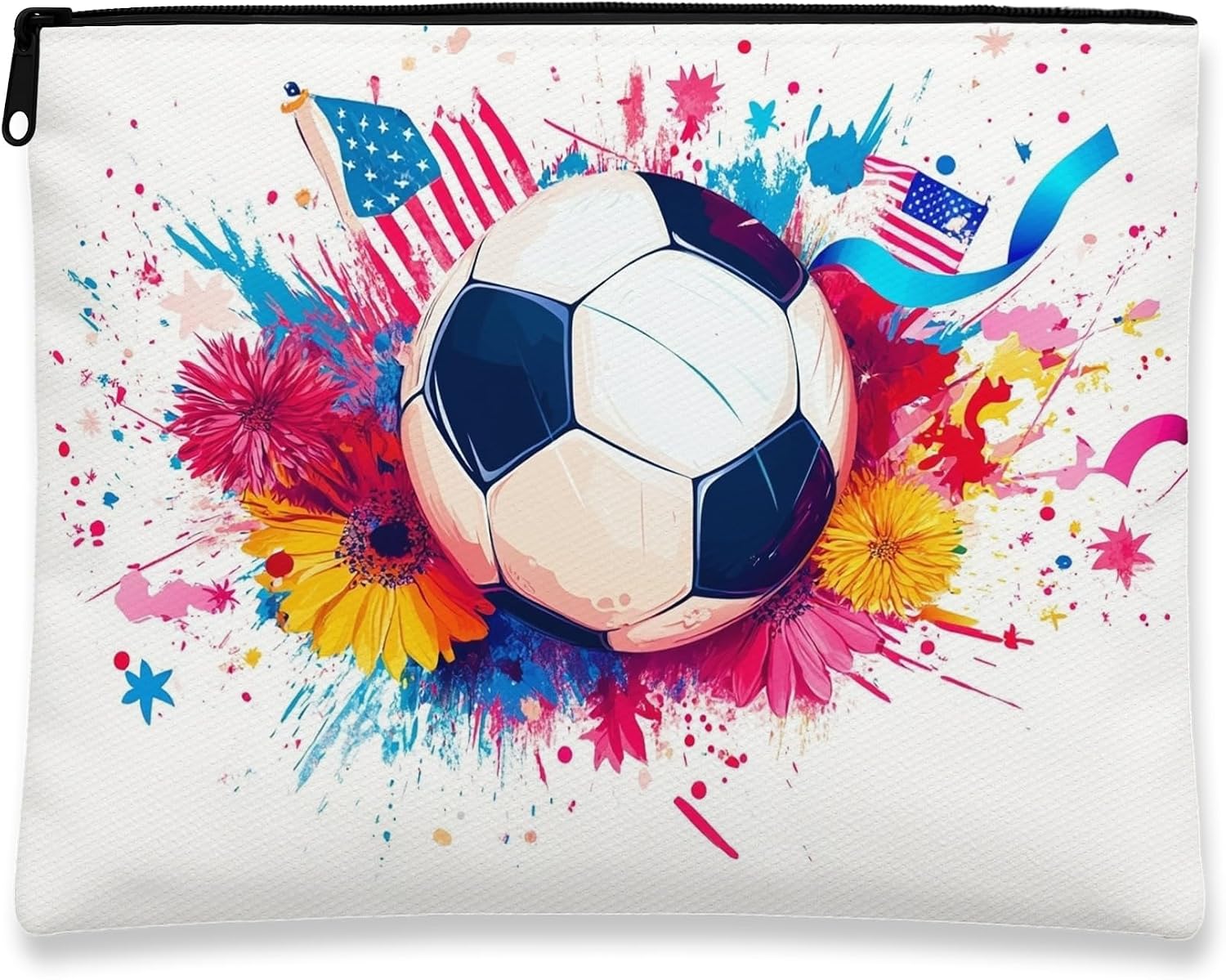 Sporty Floral Makeup Bag, Colorful Soccer Ball Design Cosmetic Travel Pouch for Women, Portable Small Canvas Zipper Organizer, Summer Outdoor Accessory 7x9 Inch