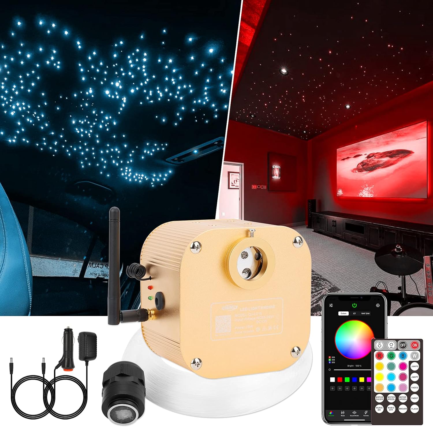Tech Deals 🔥 CHINLY 16W Twinkle 450pcs 0.03in 9.8ft Bluetooth RGBW APP/Remote LED Fiber Optic Star Ceiling Lights Kit Optical Fiber+Adapter+Cigarette Lighter for Car/Room