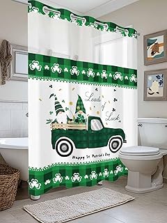 No Hook Shower Curtain with Snap in Liner, Rustic Dwarf Green Checkered Waterproof Bath Curtain Double Layers with See Through Top Window, St. Patrick's Day Three Leaf Hotel Shower Curtains