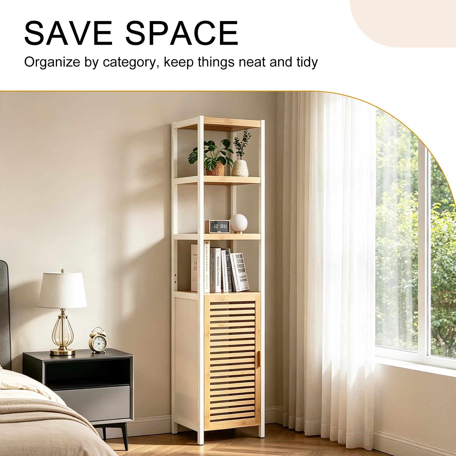 Étagère en Bambou Salle de Bain, Meuble de Rangement en Bambou avec 3 Compartiments Ouverts et Armoire, Aucun Perçage Requis, pour Salle de Bain, Salon, Cuisine, 33 x 33 x 165 cm