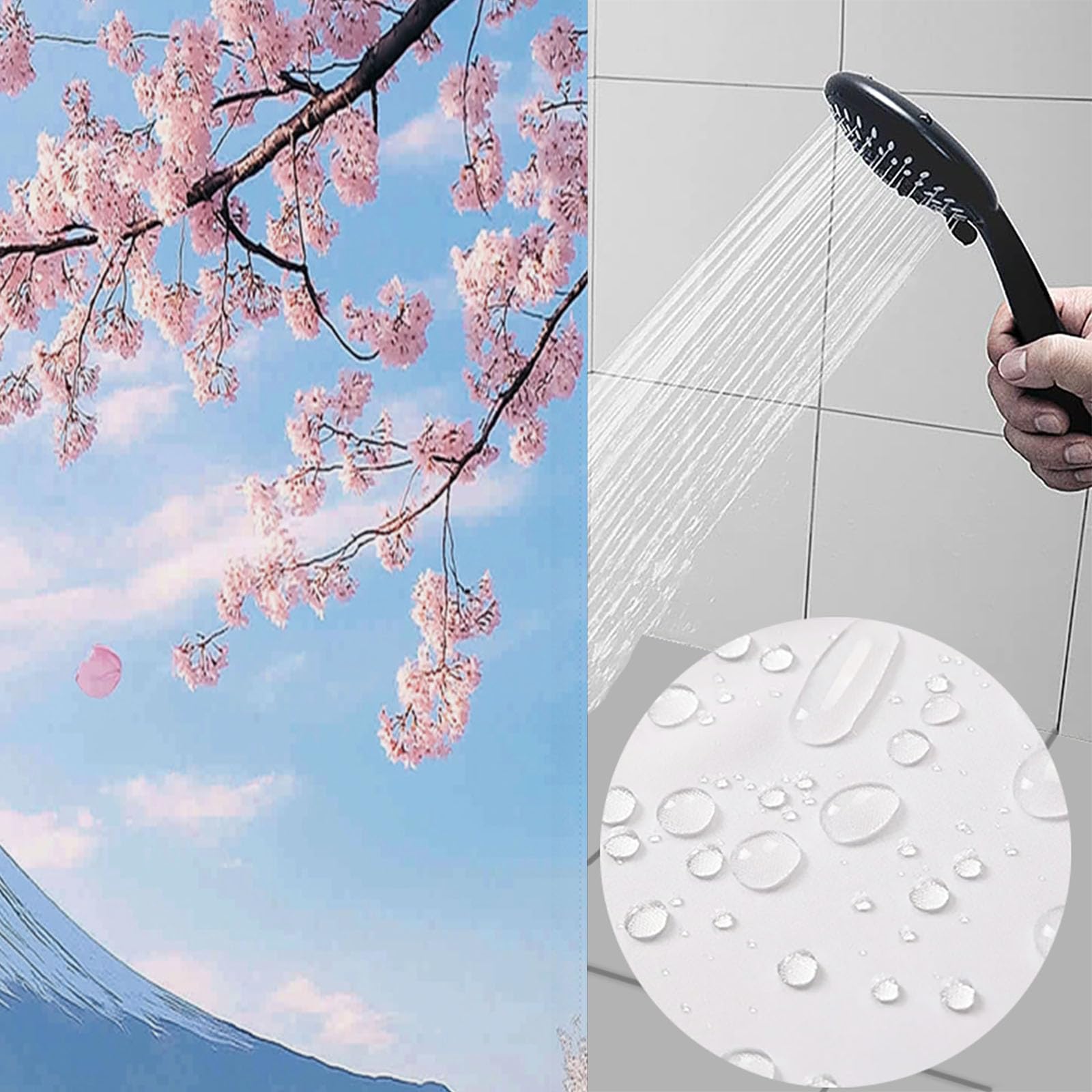 Rideau de Douche 240x200cm,Montagne Enneigée Rideau de Salle de Bain, Nature Fleurs De Cerisier Rideau de Douche,Imperméable,de Salle de Bain avec 12 Crochets