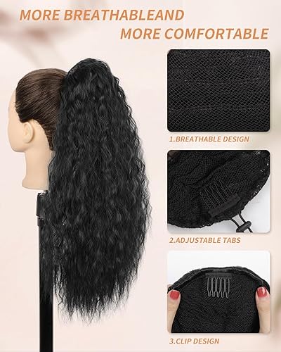 Miniatura 2 de Extensiones de pelo largo para cola de caballo ondulado con cordón de 22 pulgadas, cabello sintético con cordón, para mujer