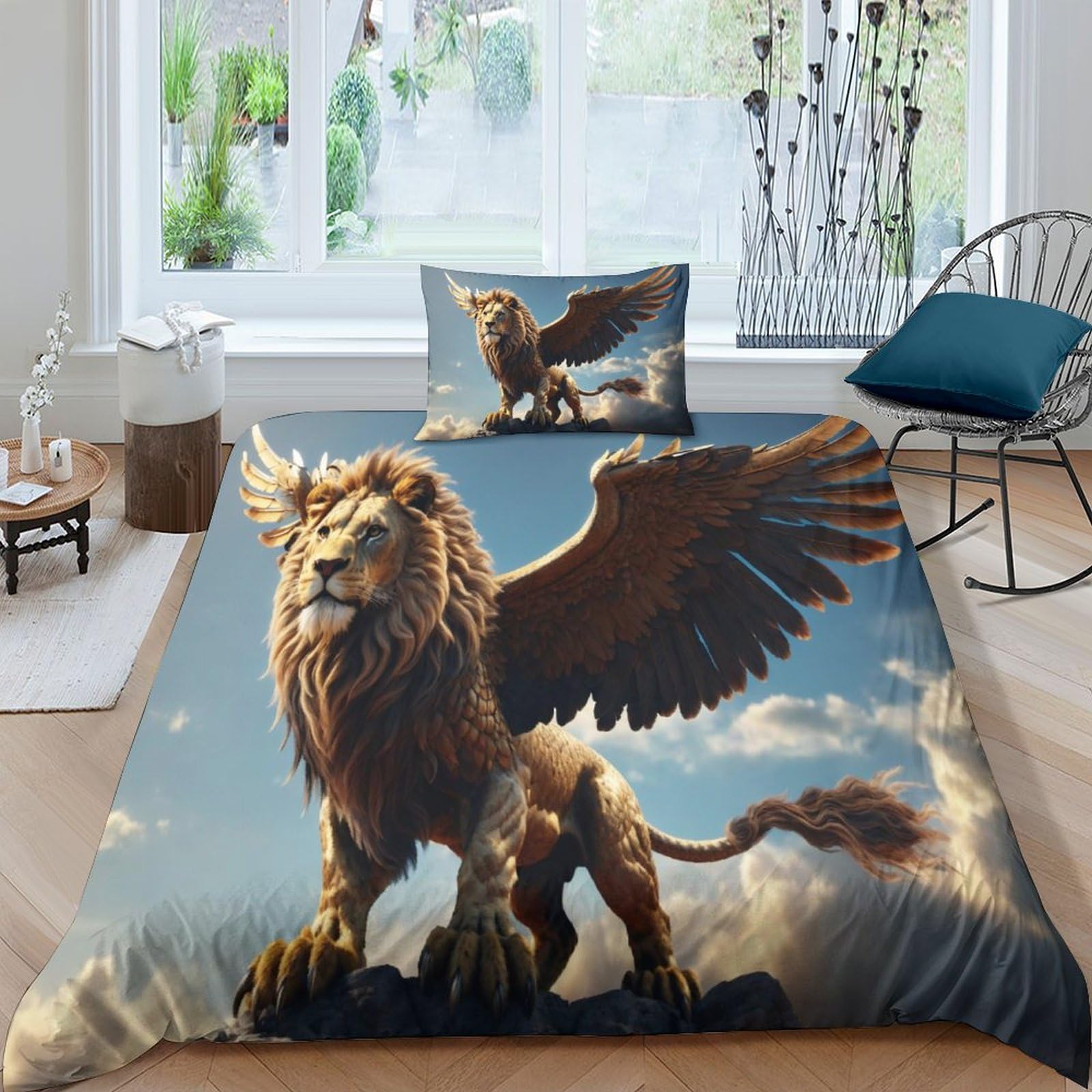 Housse de couette lion ailé 3D parure de lit microfibre 3 pièces pour lit simple 135x200cm