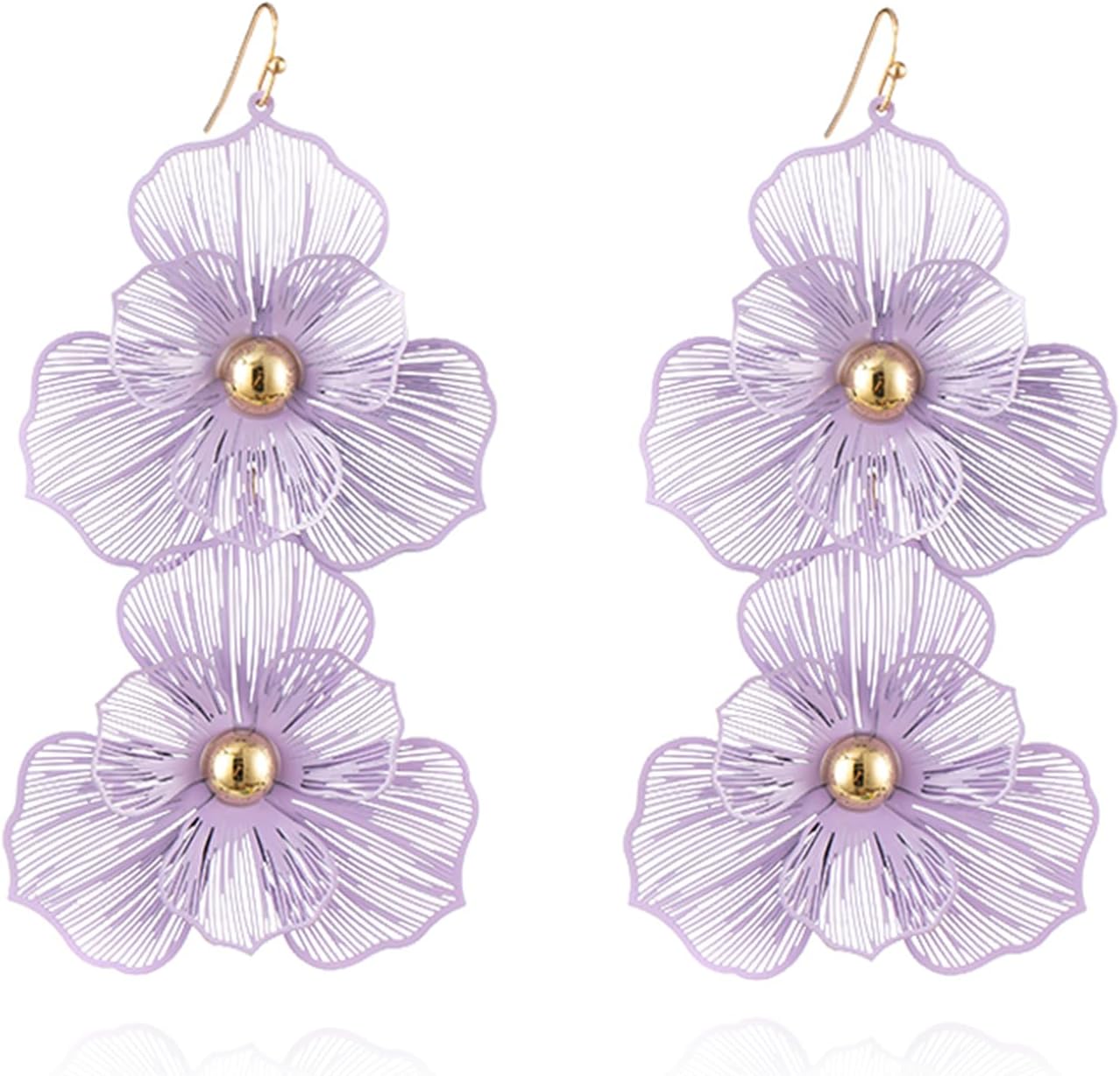 Boho Large Double Flower Earring for Women Handmade Matte Flower Earrings Bohemian Statement Earring Exaggerated Vintage Layered Floral Petal Drop Earrings Boho Summer Beach Jewelry