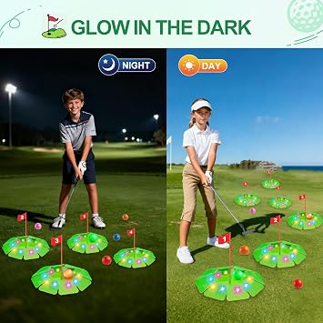 TERRAMUS Light Up Golf Play Set - Upgraded Kids Toy Golf Putting Game Set with 6 LED Targets, 2 Clubs, 6 Balls (2 Glow), Night Golf Toys Gifts for Kids Golfers Family Indoor Outdoor Beach Lawn Park
