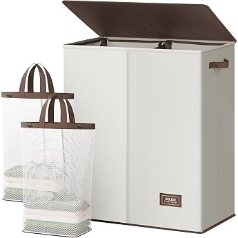 soledi Laundry Basket 145 liters of Laundry hamper 2 apartments with lid and 2 laundry bags laundry sorter large l for bathroom bedroom laundry room children's room 2 x 72.5 l off white
