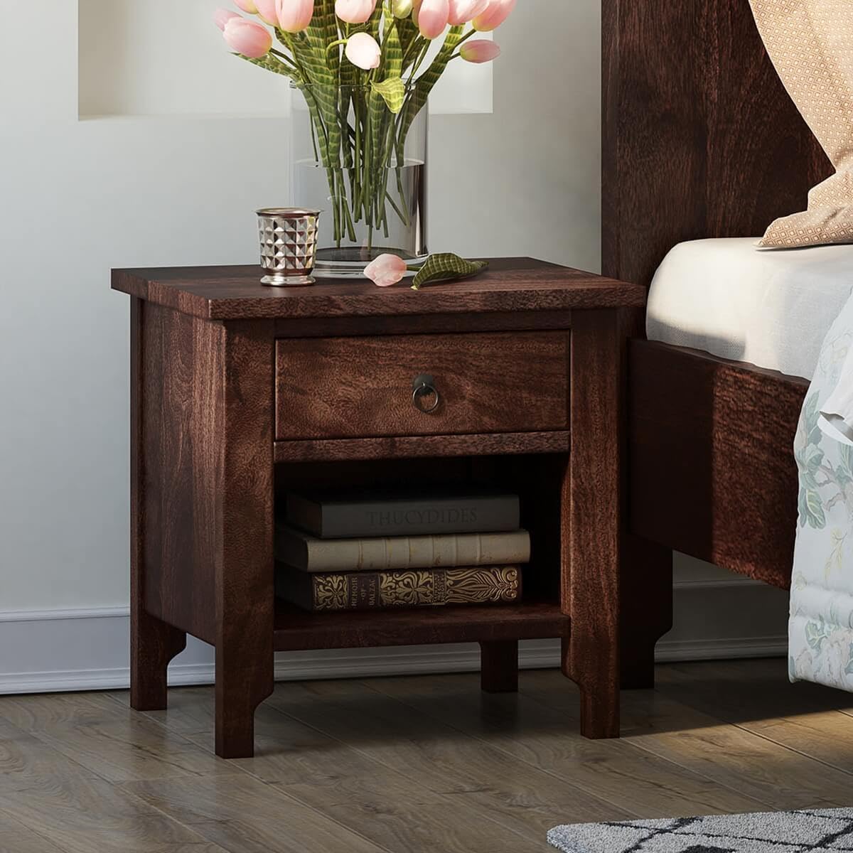 Sheesham (Rosewood) 1 Drawer Bed Side Table for Living Room Solid Wood Bedside Table (Finish Color - Dark Brown)-image-43