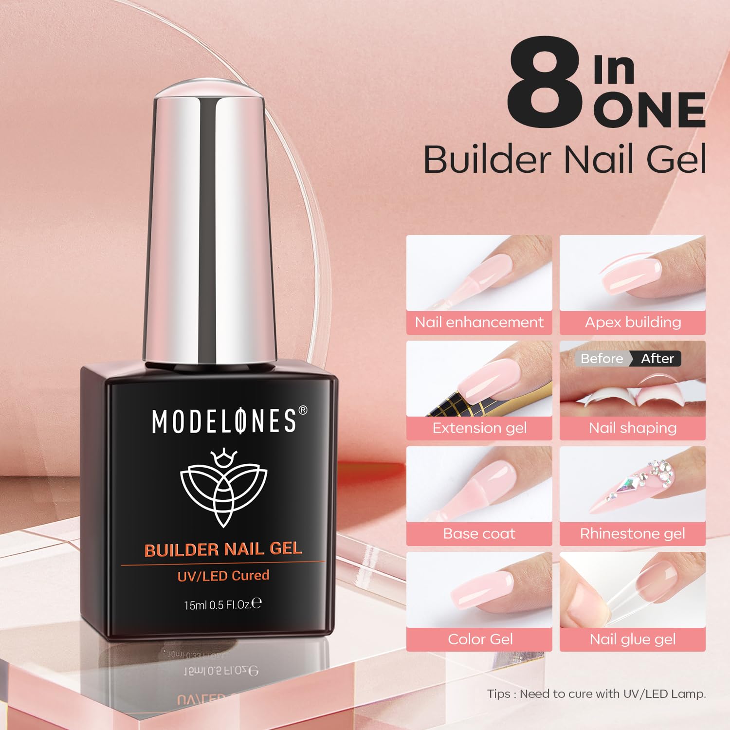 Modelones Żel budowlany do paznokci żelowych, 8 w 1 Strengthener HardGel Base Nail Art DIY 15 ml