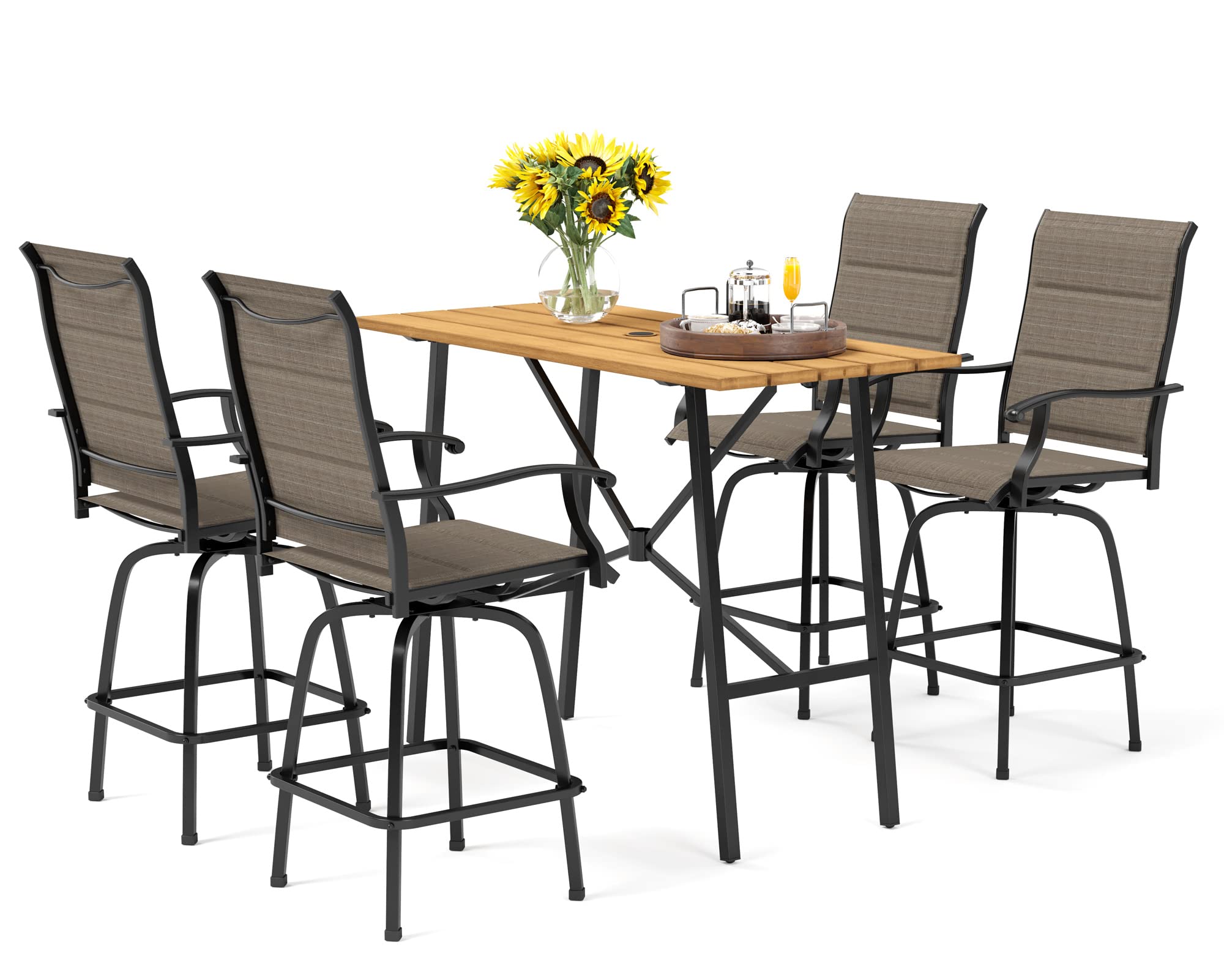 PHI VILLA 5 Piece Outdoor Bar Set, High Top Patio Dining Table and Chairs with 4 Swivel Padded Bar Stools (Brown) & Wood-Like Steel Bar Table for Deck