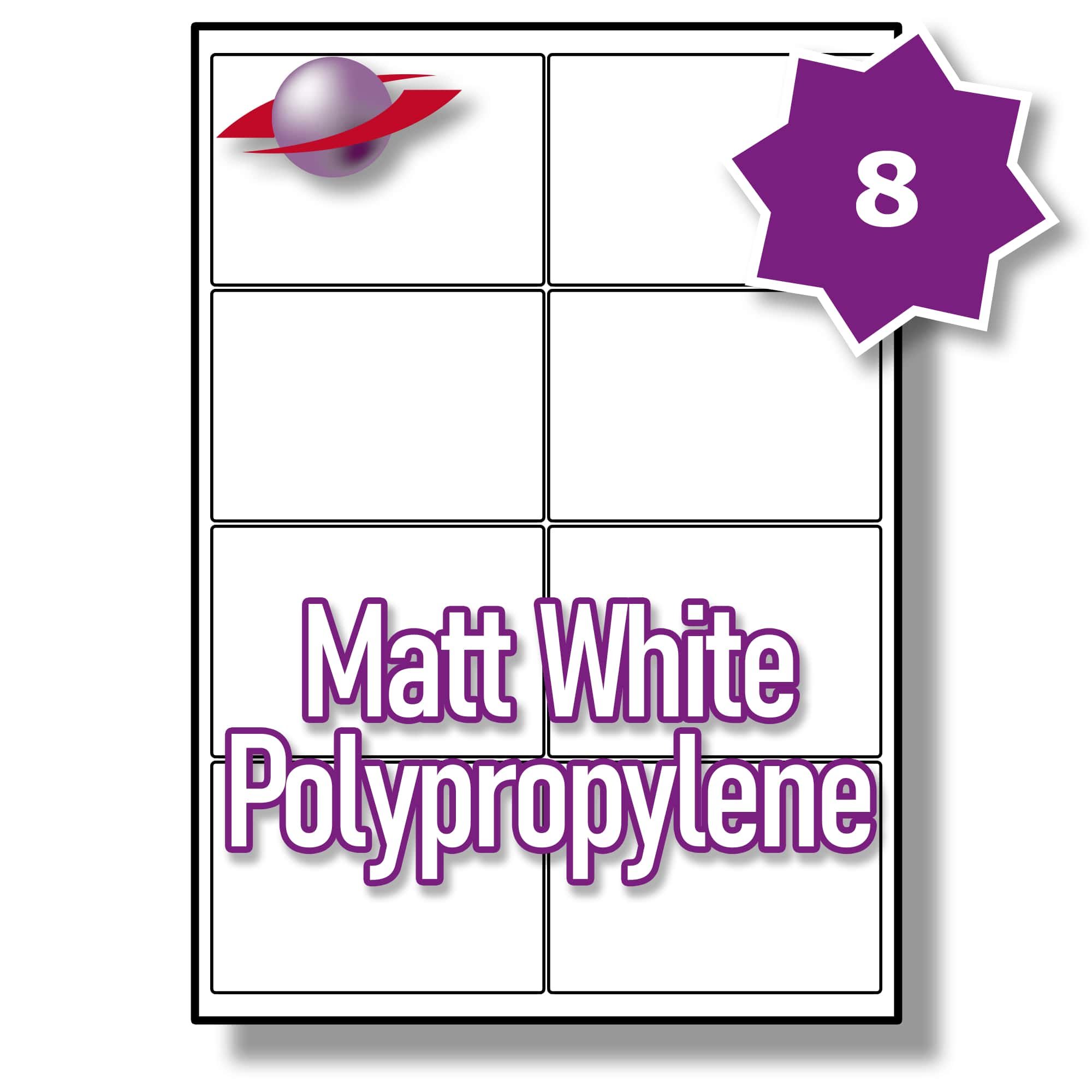 Label Planet® 8 Per Page/Sheet, 25 Sheets (200 Waterproof Inkjet Polypropylene Labels) 100% Waterproof Ink-Jet and Laser Printing on Self Adhesive Matte Plastic Stickers 99.1 x 67.7mm (LP8/99 MWPP)