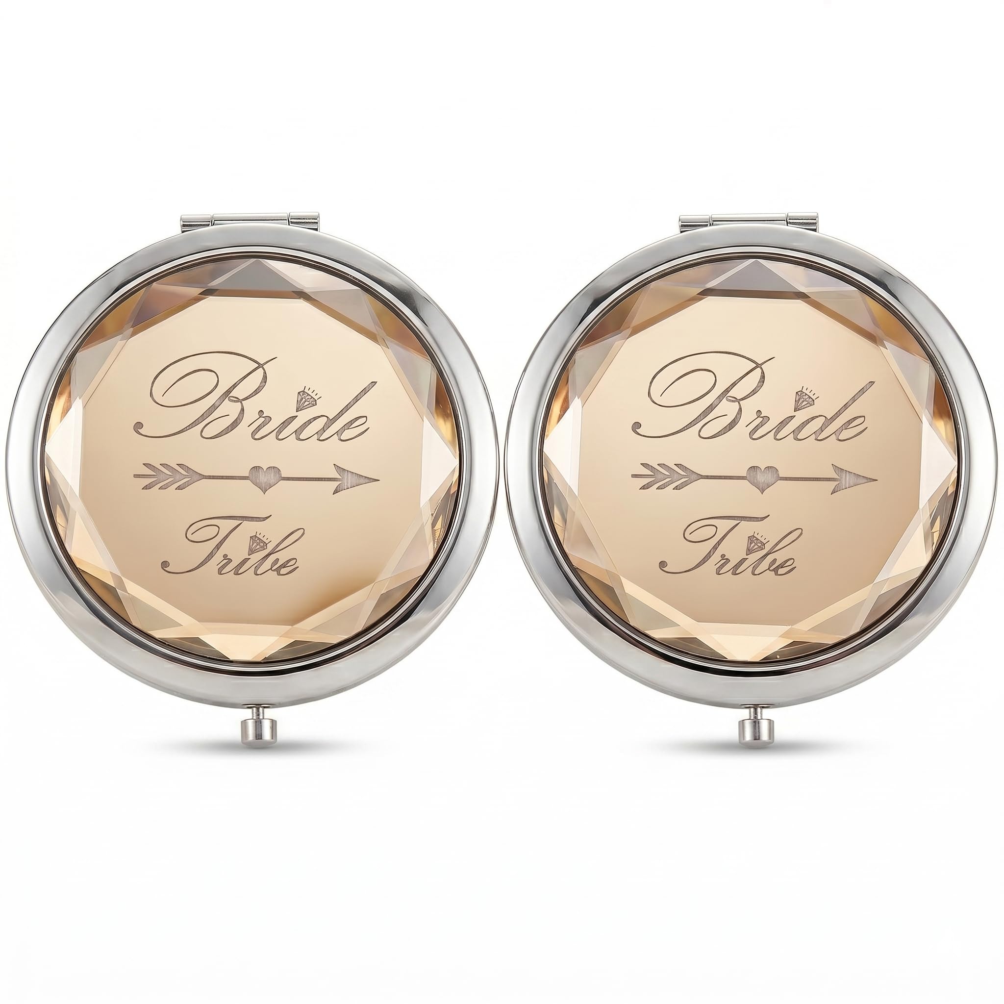 DIQUENEW Bride Tribe Crystal Compact Makeup Mirror, Pocket Mirror for Bridal Party, Wedding Bridesmaid Proposal Gifts, 2 Pack (Champagne)