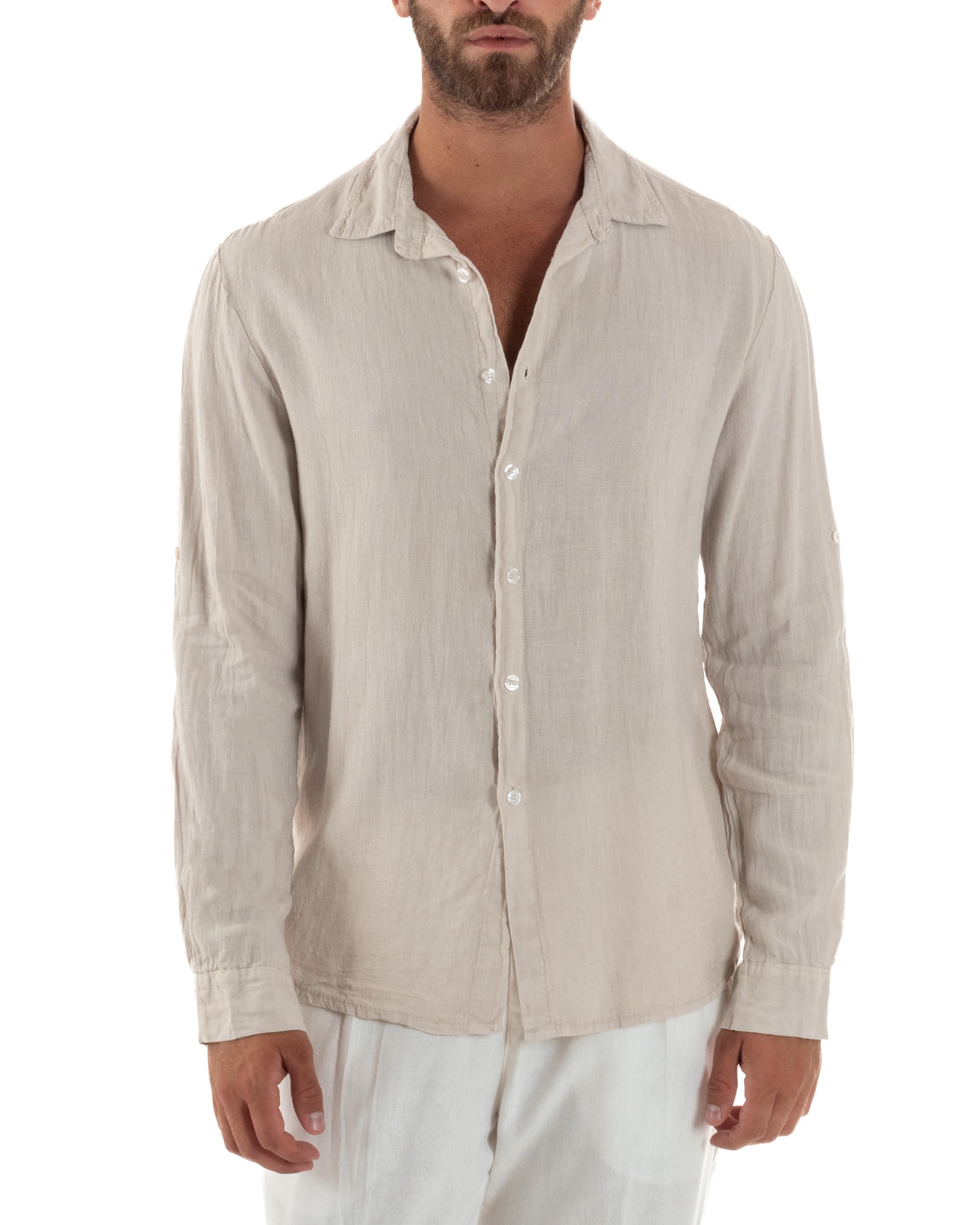 Camicia Uomo Lino Colletto Maniche Lunghe Casual Regular Fit Basic Tinta Unita Vari Colori