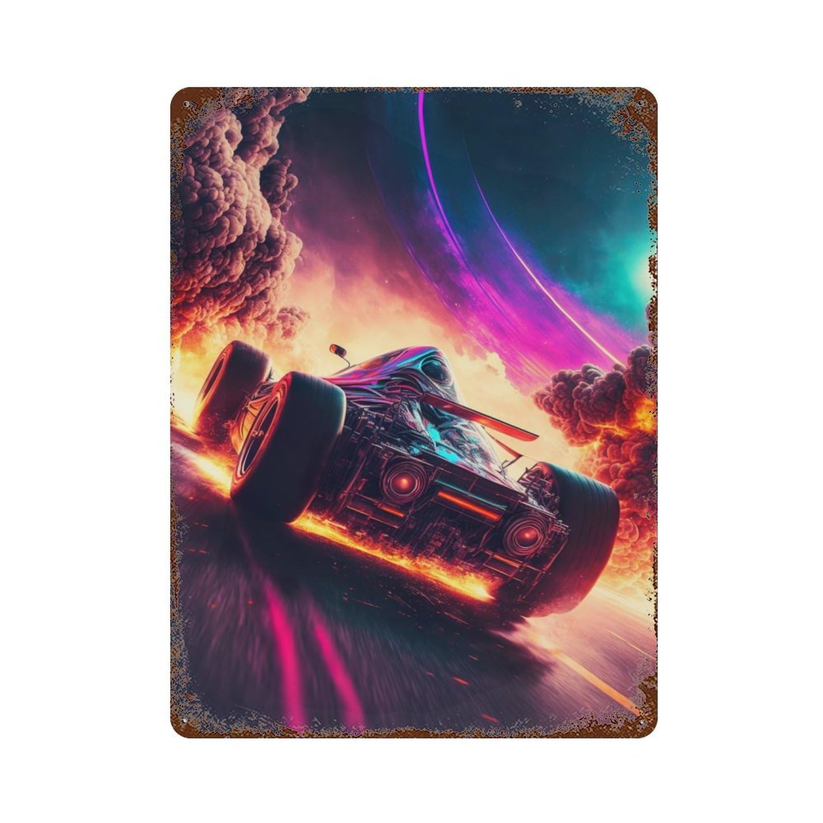 Race Car In Space Flames Vintage Rust Metal Sign 15.7"x11.8", for Basement, Hobby Room And Garage Decor, Farmhouse Wall Decor