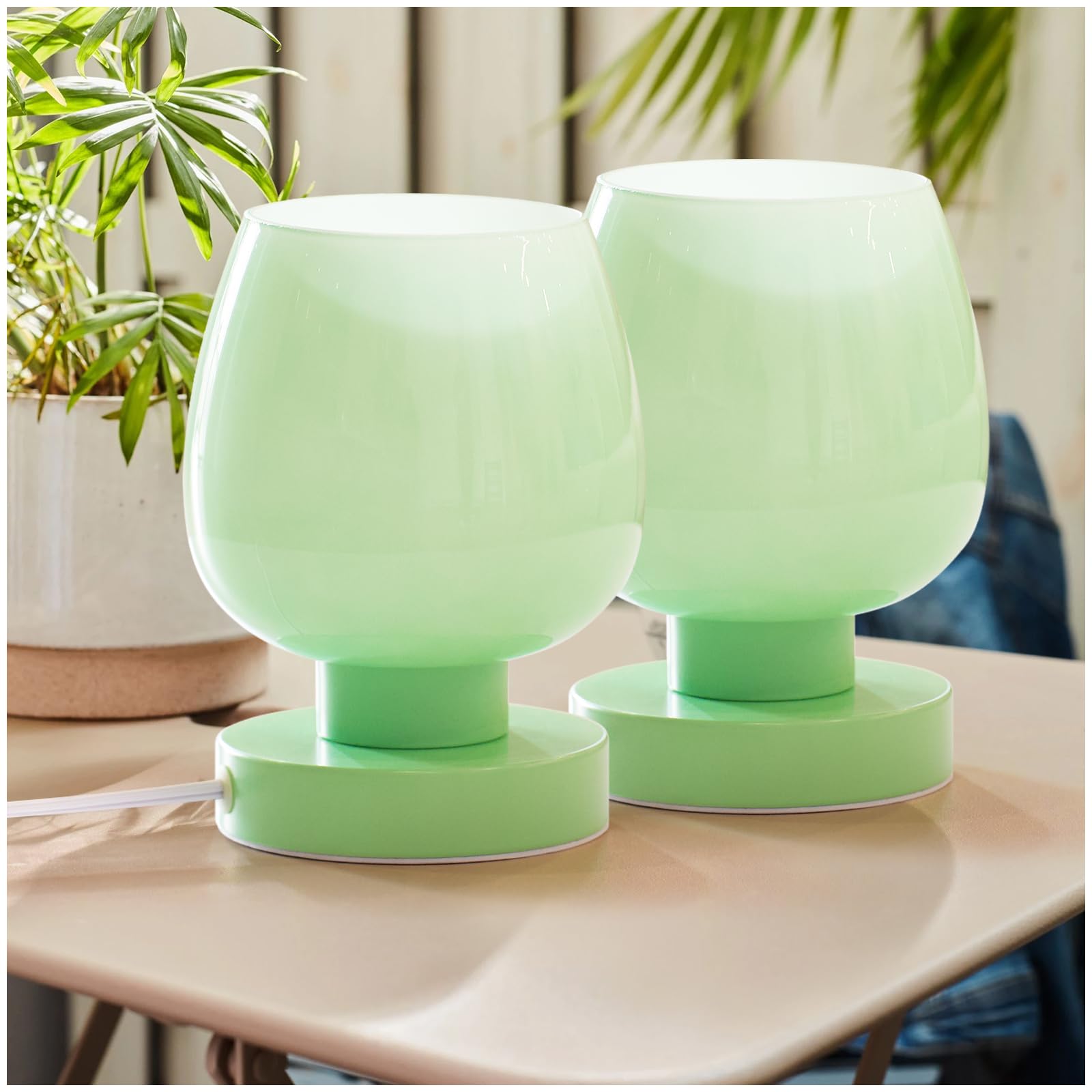 Touch Bedside Table Lamp Set of 2 - Small Modern Table Lamp for Bedroom Living Room Nightstand, 3-Way Dimable Desk lamp with Light Pink Glass Lamp Shade, 2700K LED Bulb, Simple Design Green
