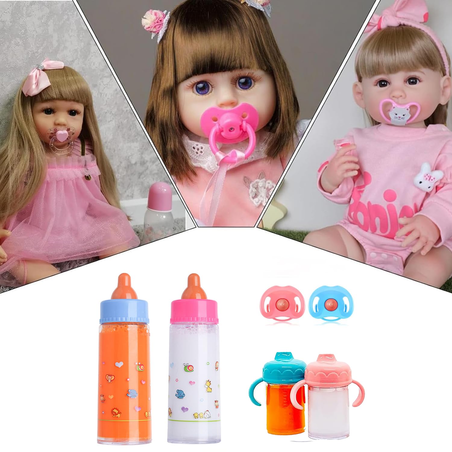 Magische Flasche, 4 Stück Puppenflasche Mit Milch und 2 Stück Puppenschnuller, Magische Flasche mit verschwundenem Milch oder Saft für Babypuppen, Spielpuppen