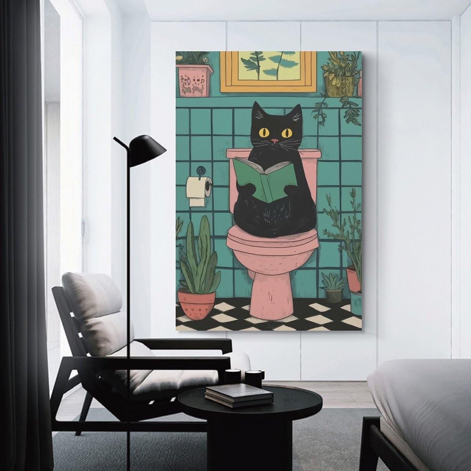 Junmoney Cat Reading on Toilet Illustration Decorative Wall Artwork, 12x18inch(30x45cm), for Hallway, Lounge Or Guest Room, Decorative Present for New Homes