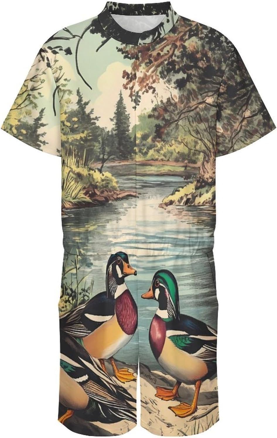 Vintage Spring Wild Ducks Mens Jumpsuit Short Sleeve Zip Up Coverall One Piece Garment