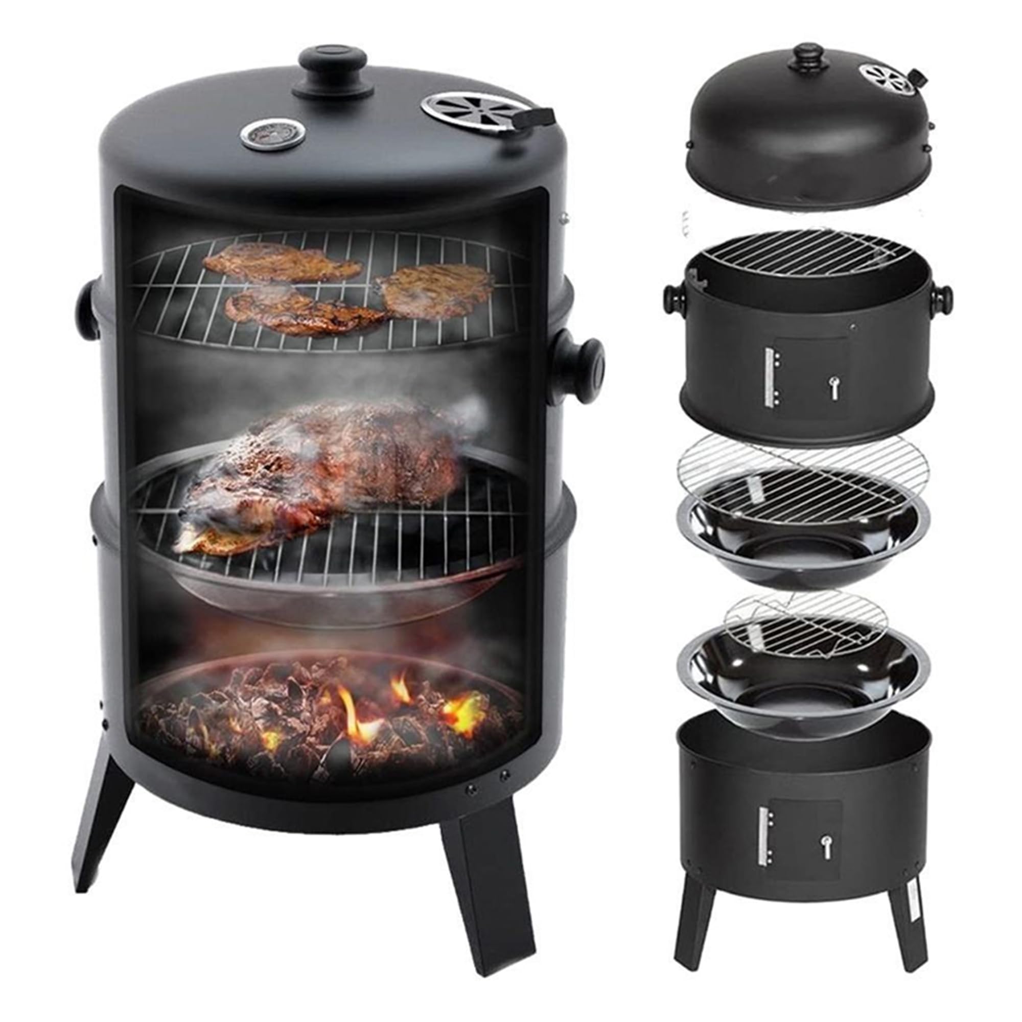 Przenośny Grill Węglowy Z Termometrem I Rusztem Do Podgrzewania, Ze Stali Nierdzewnej, Idealny Na Imprezy Kempingowe, Do Gotowania I Grillowania Na Świeżym Powietrzu
