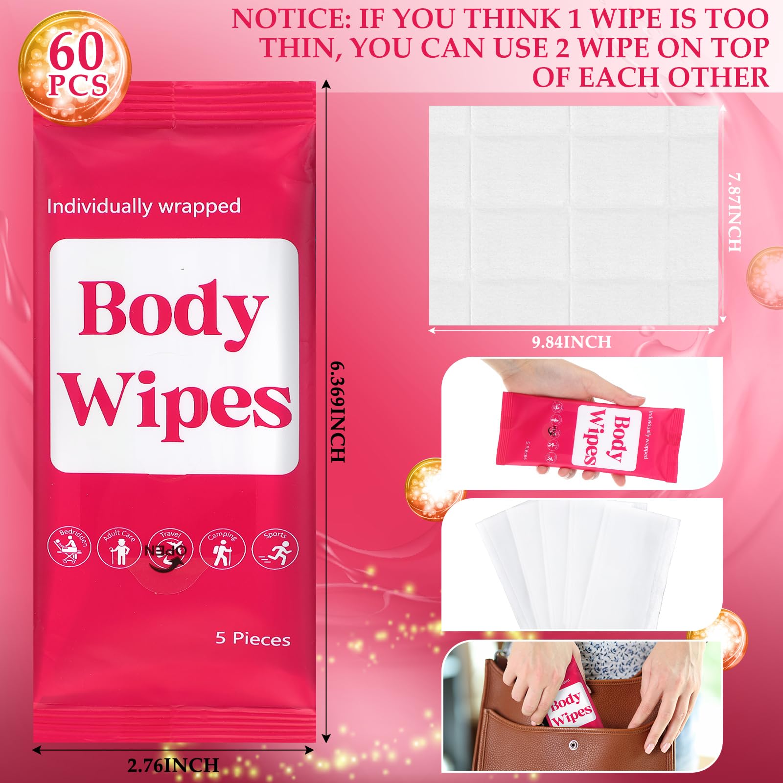 Threlaco 300 Toallitas Corporales (Paquete De 60) Para Adultos, Sin Enjuague, Envueltas Individualmente, Toallitas De Ducha Con Aloe, Toallitas Limpiadoras Corporales Desechables (Fondo Rosa)