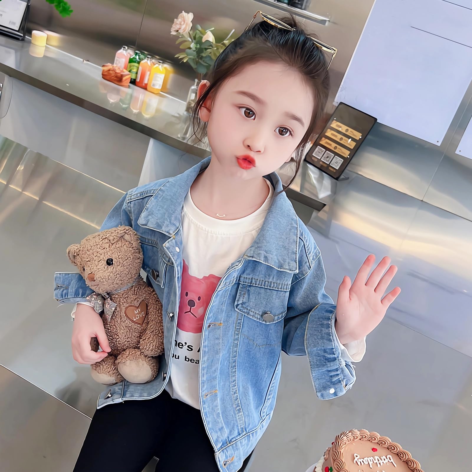 Veste en Jean pour Enfants avec Fleurs Brodées Fille Manteau en Denim avec Bow Outdoor Jacket