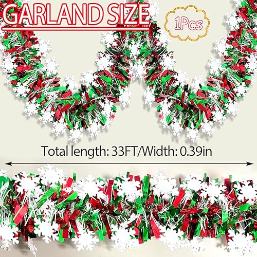 Miniatura 5 de Guirnalda de oropel de Navidad de 33 pies, brillante, gruesa, roja y verde, con diseño de copo de nieve, decoración de árbol de Navidad, guirnalda